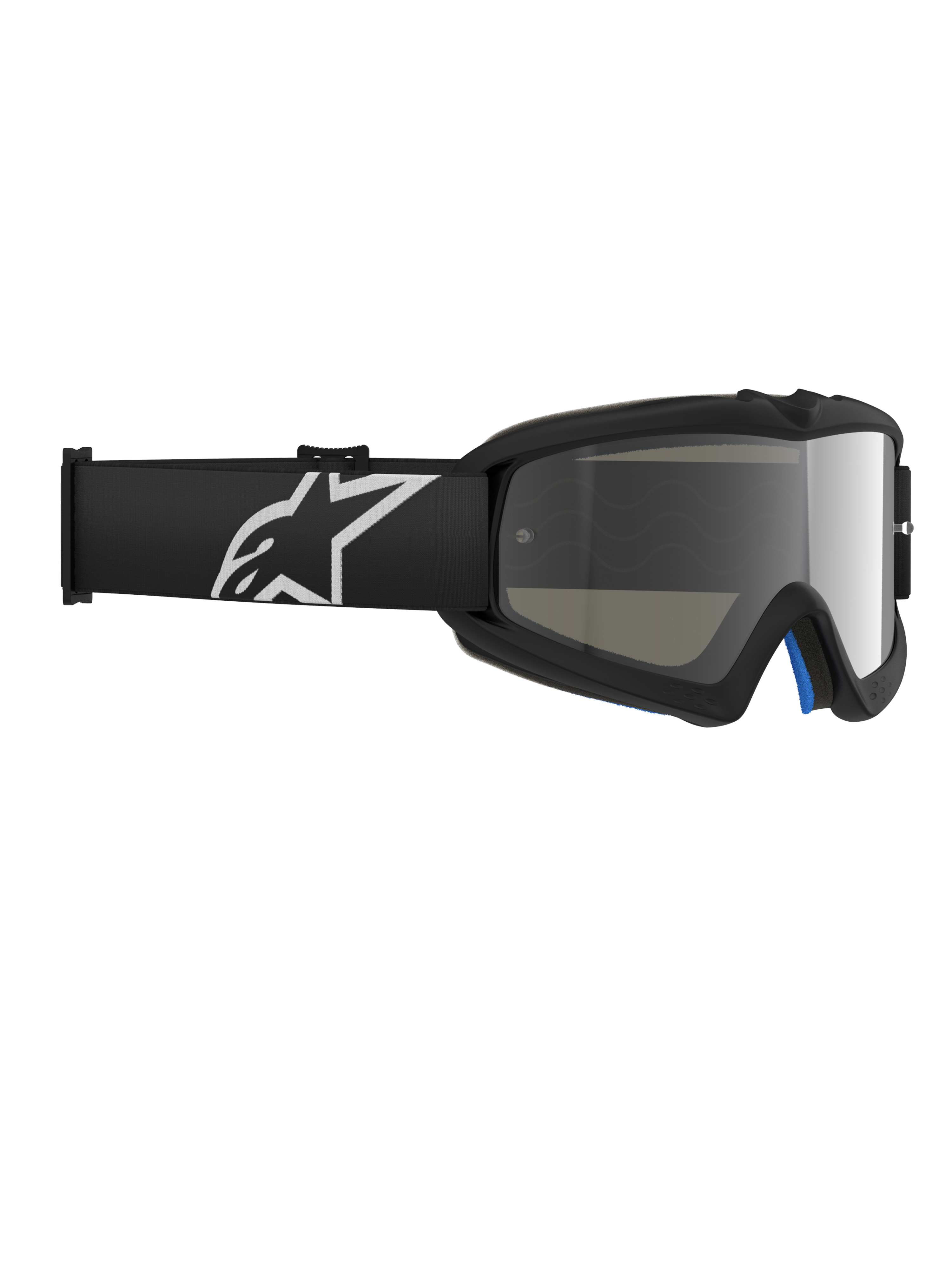 Lunettes Alpinestars Vision Youth Corp, lunettes de motocross, Noir Miroir Argent, avec une lentille en polycarbonate miroir et un bandeau noir avec un logo Alpinestars blanc, conçues pour les jeunes pilotes