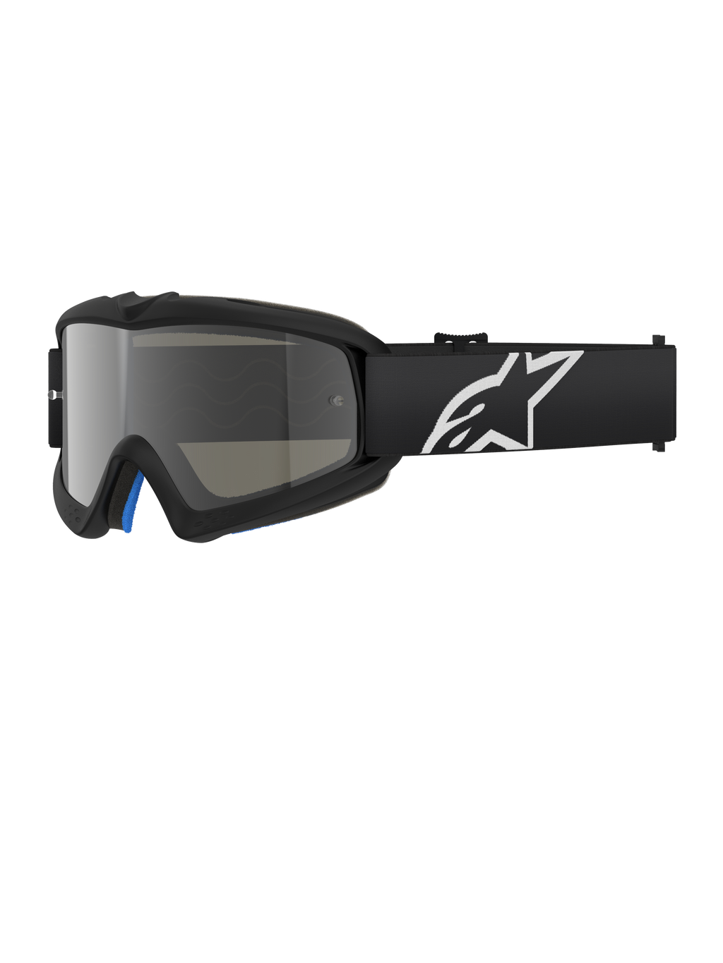 Alpinestars Vision Youth Corp, lunettes de motocross noires avec écran miroir argenté, taille enfant, sangle réglable noire avec logo étoile blanc, rembourrage en mousse bleue, conçu pour les courses de moto tout-terrain