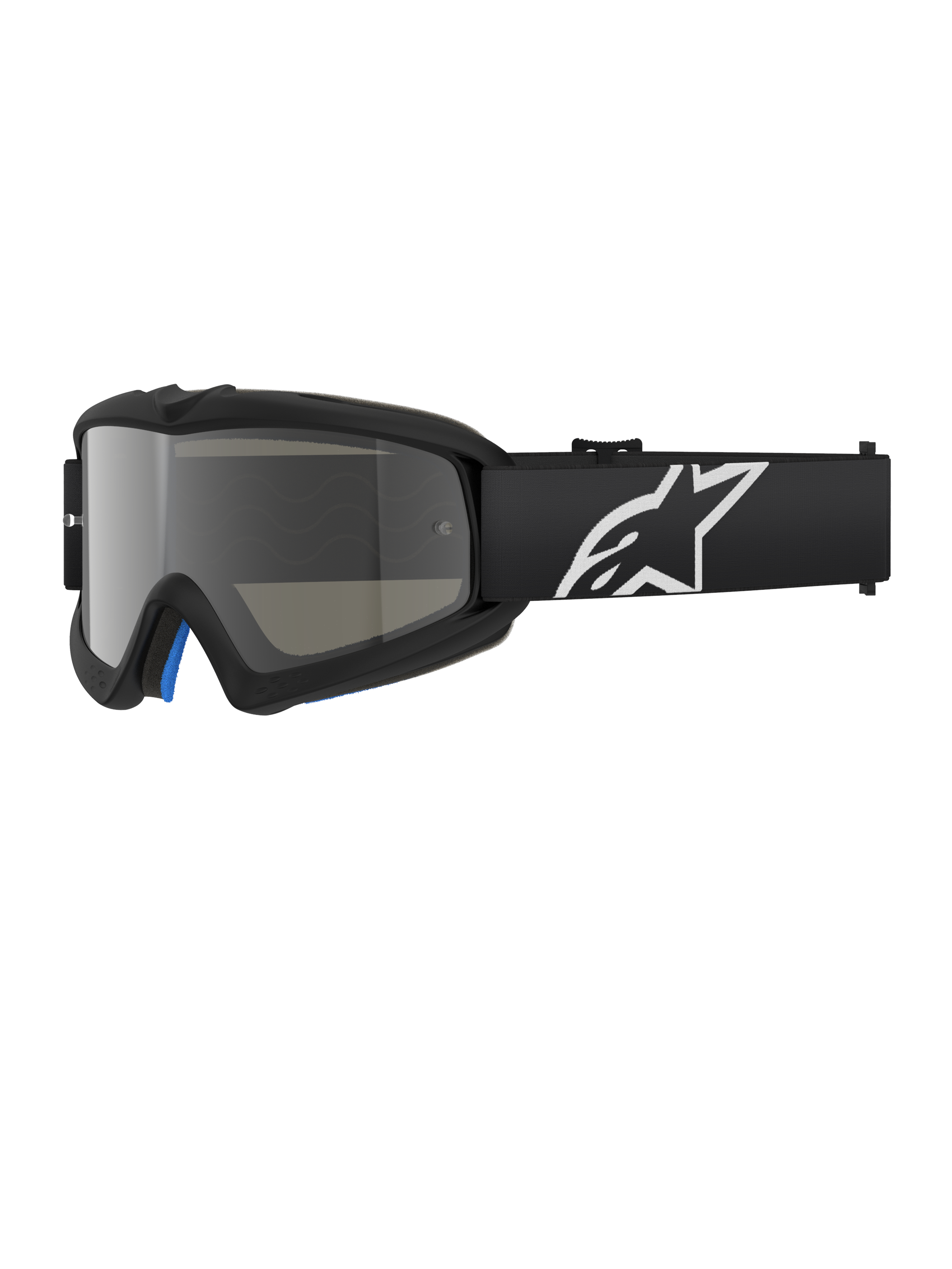 Alpinestars Vision Youth Corp Goggles, Black motocross goggles with a silver mirror lens, youth size, black adjustable strap with white star logo, blue interior foam padding, designed for off-road motorcycle racing