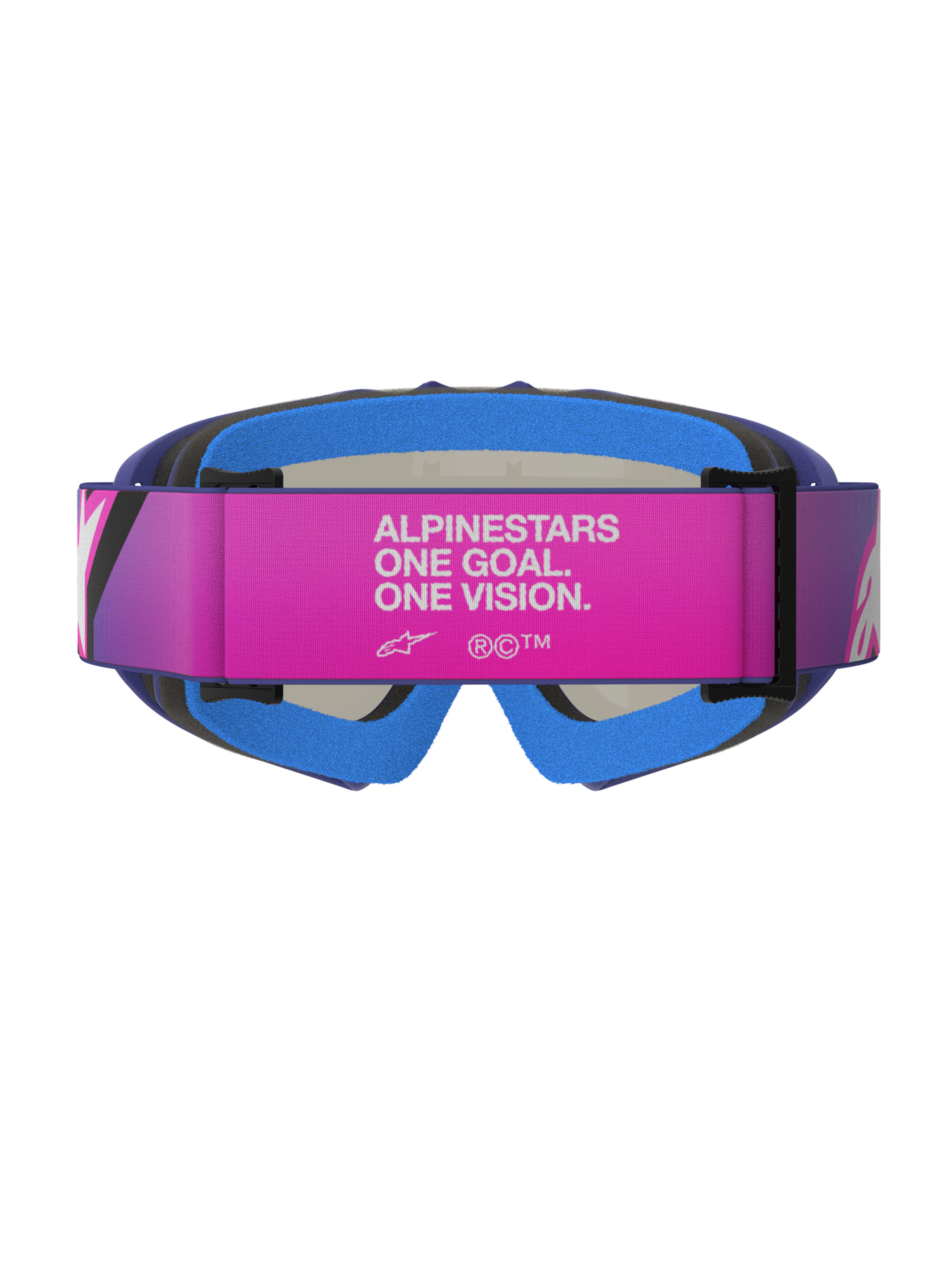 Alpinestars Vision Youth Corp Goggles, Motocross Goggles, Purple Fluo Pink and Mirror Blue, rear view featuring a pink adjustable strap with white 'ALPINESTARS ONE GOAL. ONE VISION.' text, blue cushioned face foam, and purple urethane frame, designed for young off-road riders.