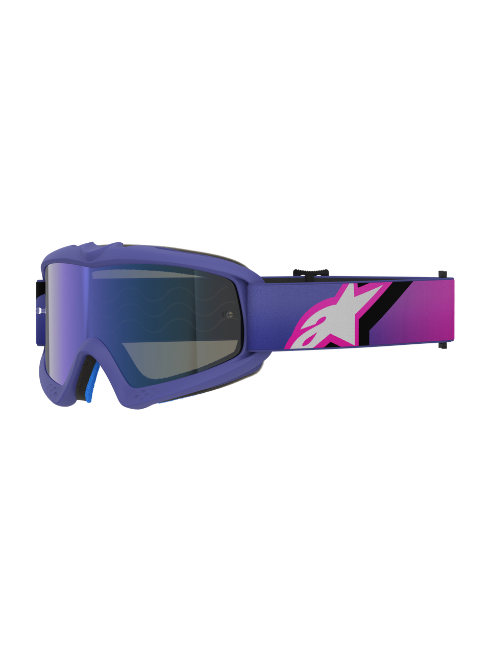 Masque Alpinestars Vision Youth Corp, masque de motocross, violet et rose fluo, avec écran bleu miroir et bandeau dégradé orné du logo Alpinestars blanc, conçu pour les jeunes pilotes tout-terrain