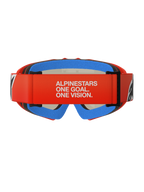 Masque Alpinestars Vision Youth Corp, masque de motocross pour enfant, orange et rouge avec mousse bleue, vue arrière avec large sangle rouge et inscription blanche « ALPINESTARS ONE GOAL. ONE VISION. », mousse de confort multicouche pour un ajustement optimal