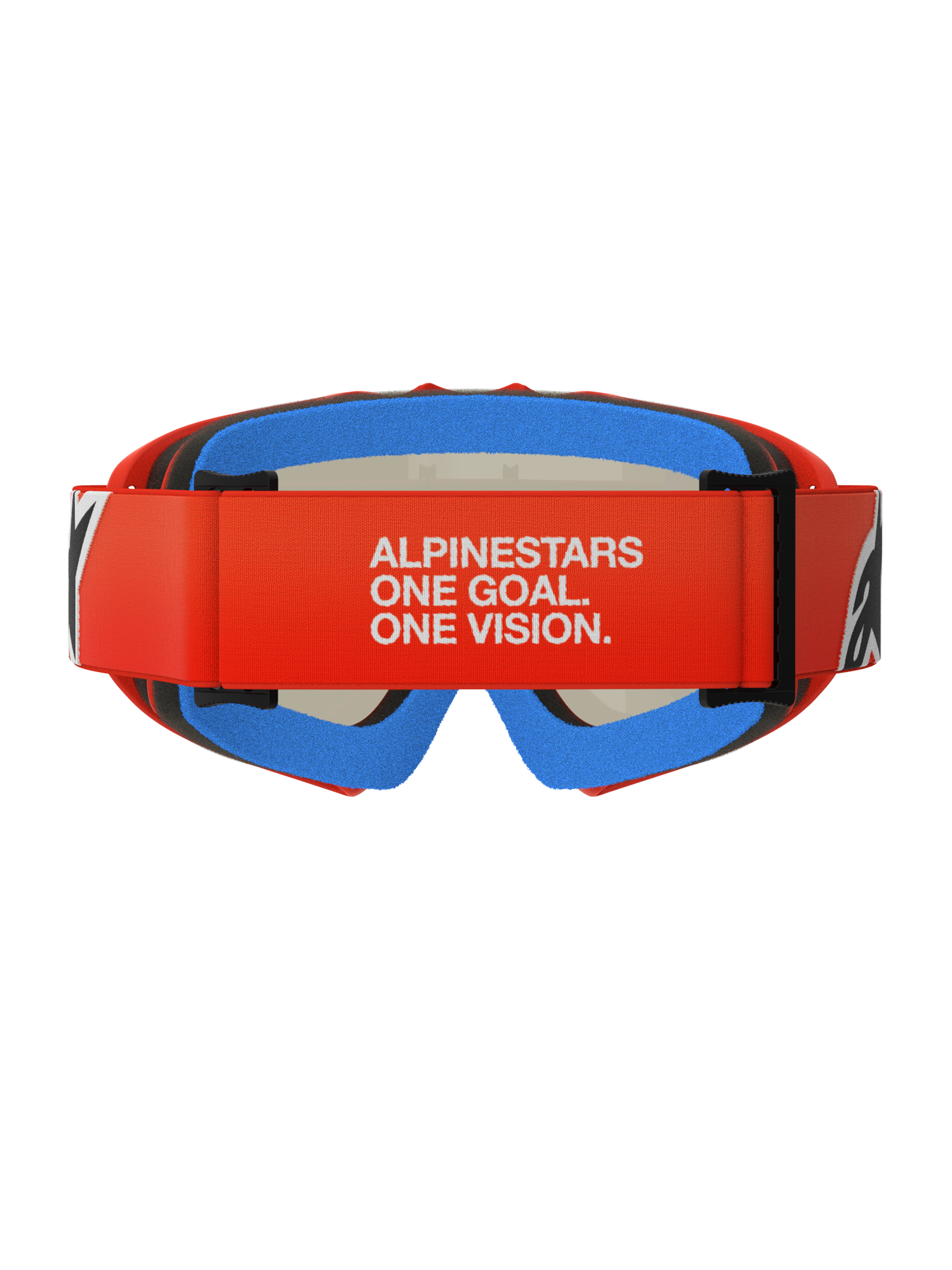 Masque Alpinestars Vision Youth Corp, masque de motocross pour enfant, orange et rouge avec mousse bleue, vue arrière avec large sangle rouge et inscription blanche « ALPINESTARS ONE GOAL. ONE VISION. », mousse de confort multicouche pour un ajustement optimal