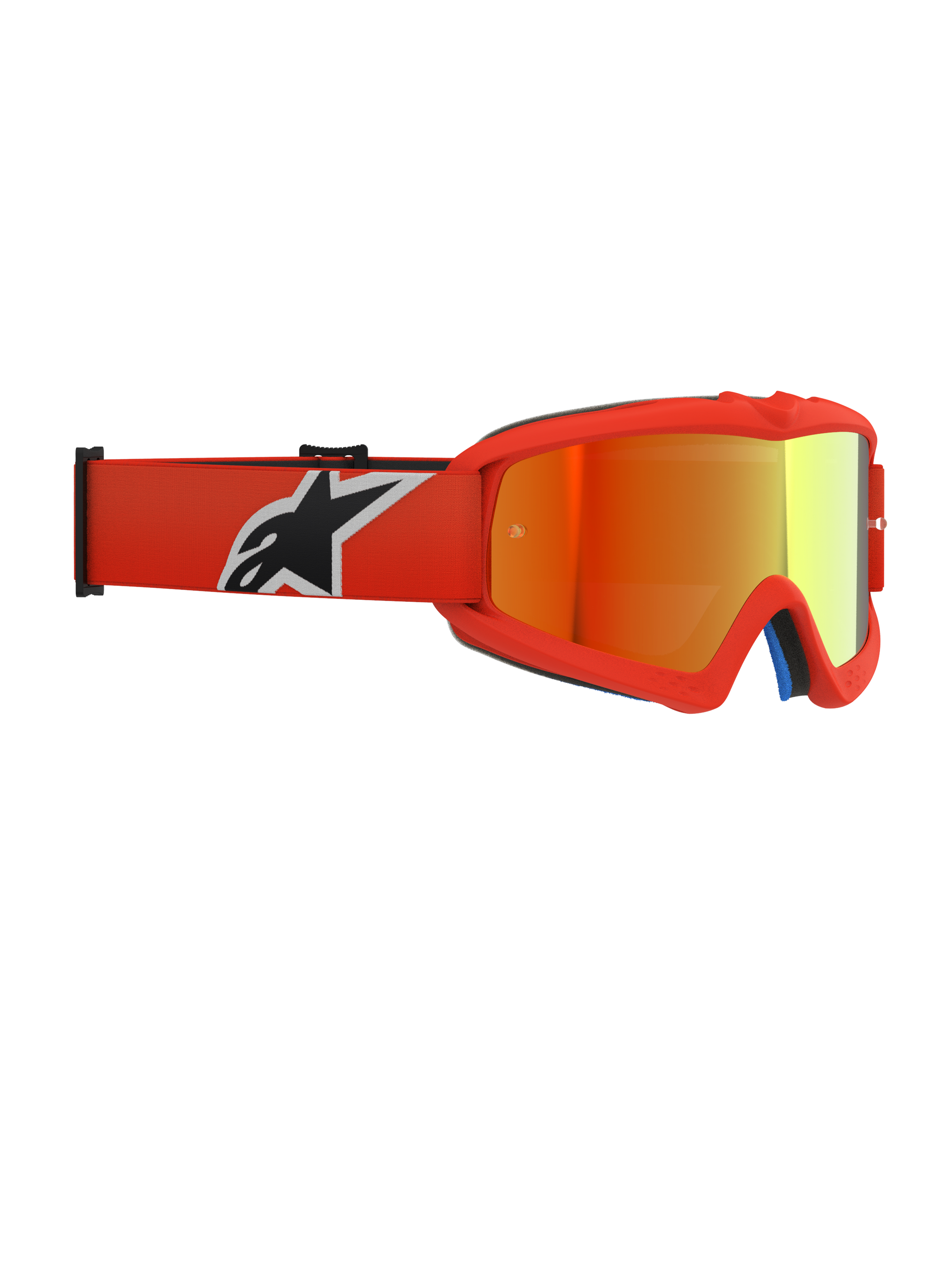 Masque Alpinestars Vision Youth Corp, lunettes de motocross, monture orange avec écran miroir rouge, doté d'un bandeau tissé orange avec un logo noir et blanc, conçu pour les jeunes pilotes avec écran anti-buée et monture en uréthane