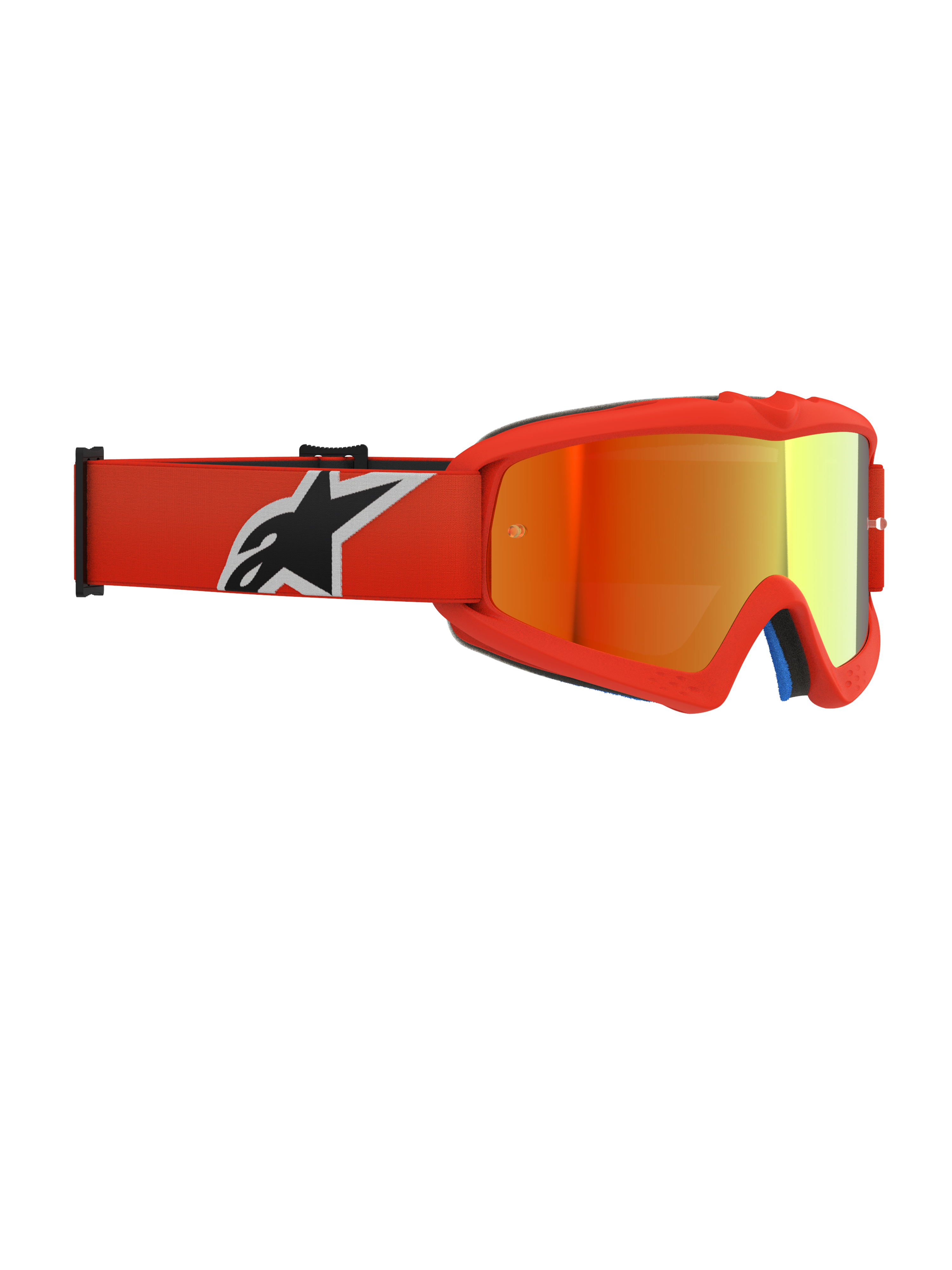Masque Alpinestars Vision Youth Corp, lunettes de motocross, monture orange avec écran miroir rouge, doté d'un bandeau tissé orange avec un logo noir et blanc, conçu pour les jeunes pilotes avec écran anti-buée et monture en uréthane