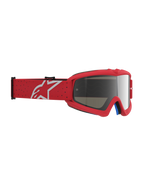 Masque Vision Vesta Junior Alpinestars, masque de motocross tout-terrain pour enfant, rouge fluo et blanc, avec lentille miroir argentée et sangle élastique à logo blanc.