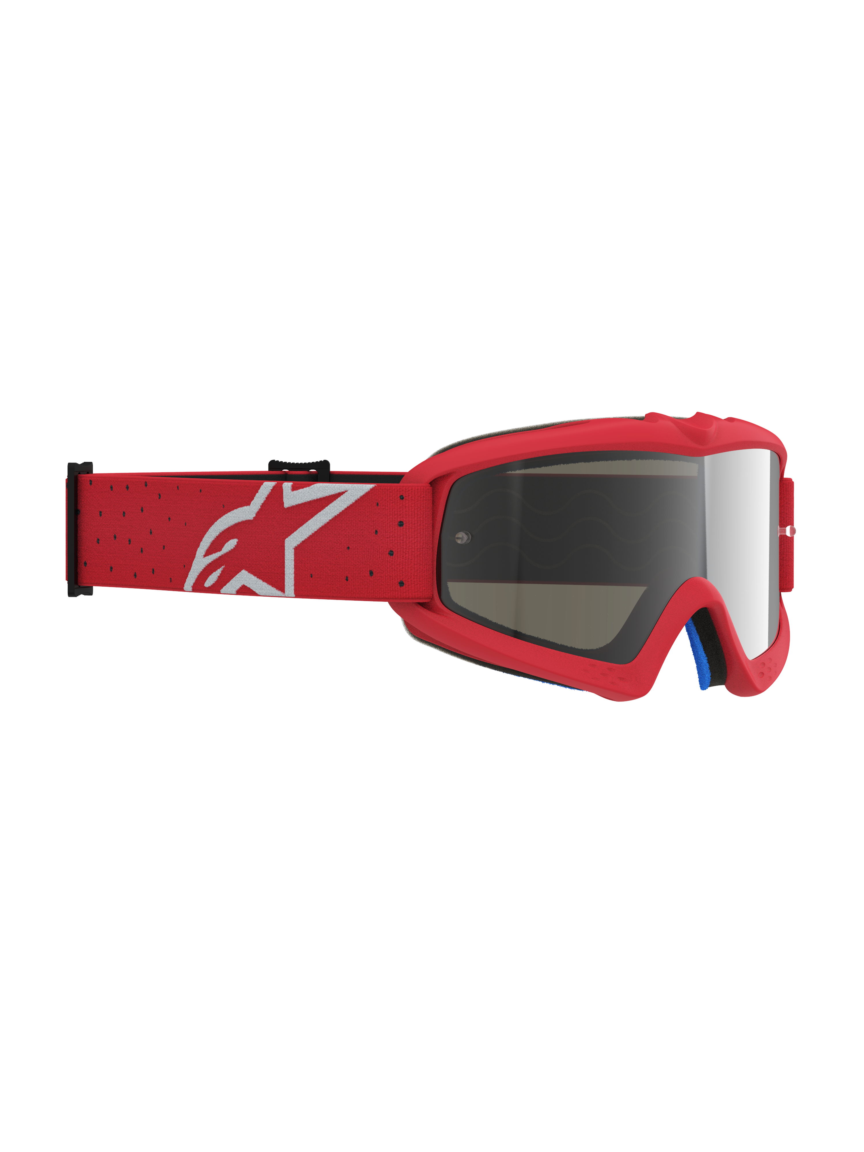 Masque Vision Vesta Junior Alpinestars, masque de motocross tout-terrain pour enfant, rouge fluo et blanc, avec lentille miroir argentée et sangle élastique à logo blanc.