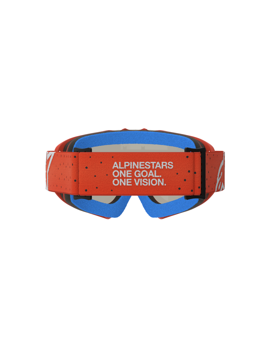Masque Alpinestars Vision Vesta Junior, masque de motocross tout-terrain, orange et bleu, sangle avec devise de la marque et mousse de confort bleue, vue arrière détaillée
