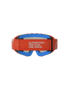 Masque Alpinestars Vision Vesta Junior, masque de motocross tout-terrain, orange et bleu, sangle avec devise de la marque et mousse de confort bleue, vue arrière détaillée