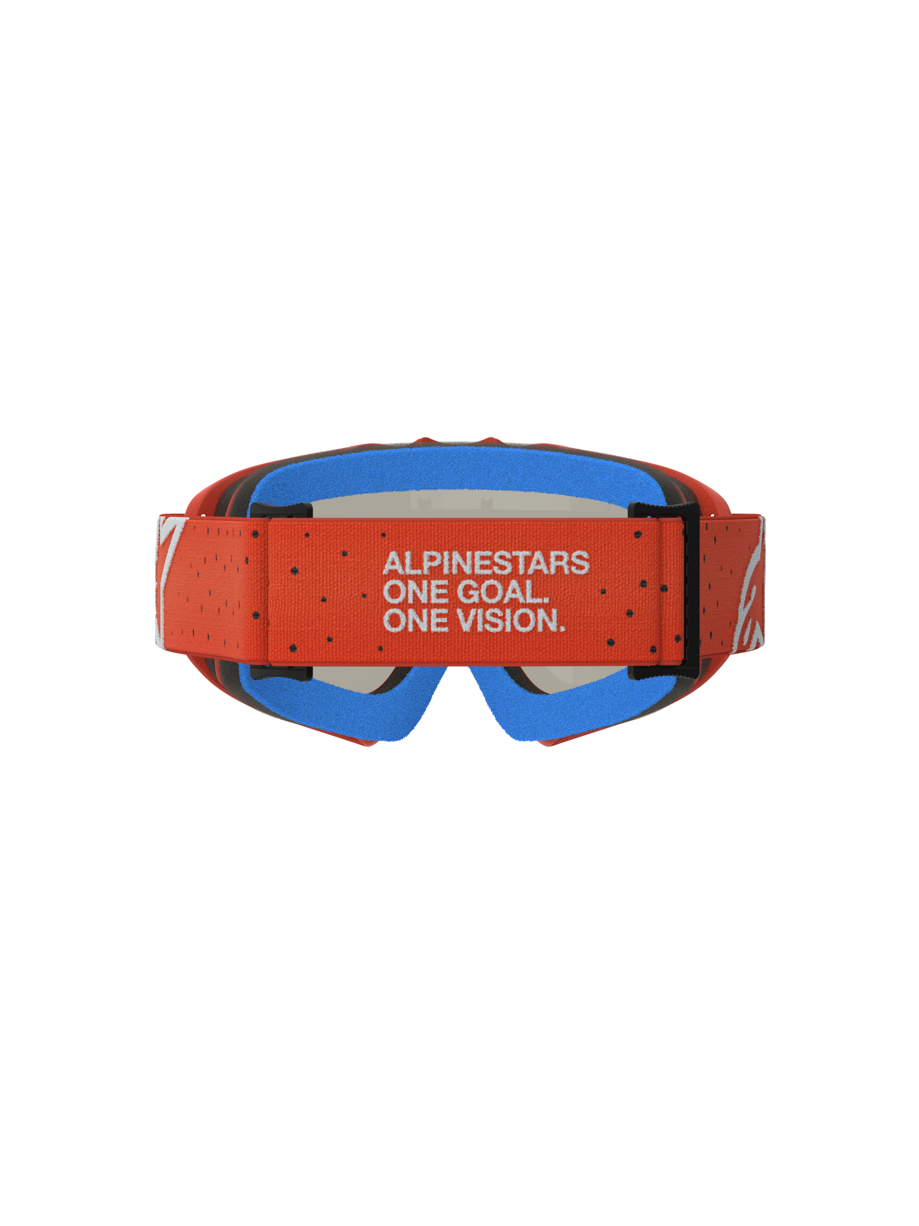 Masque Alpinestars Vision Vesta Junior, masque de motocross tout-terrain, orange et bleu, sangle avec devise de la marque et mousse de confort bleue, vue arrière détaillée