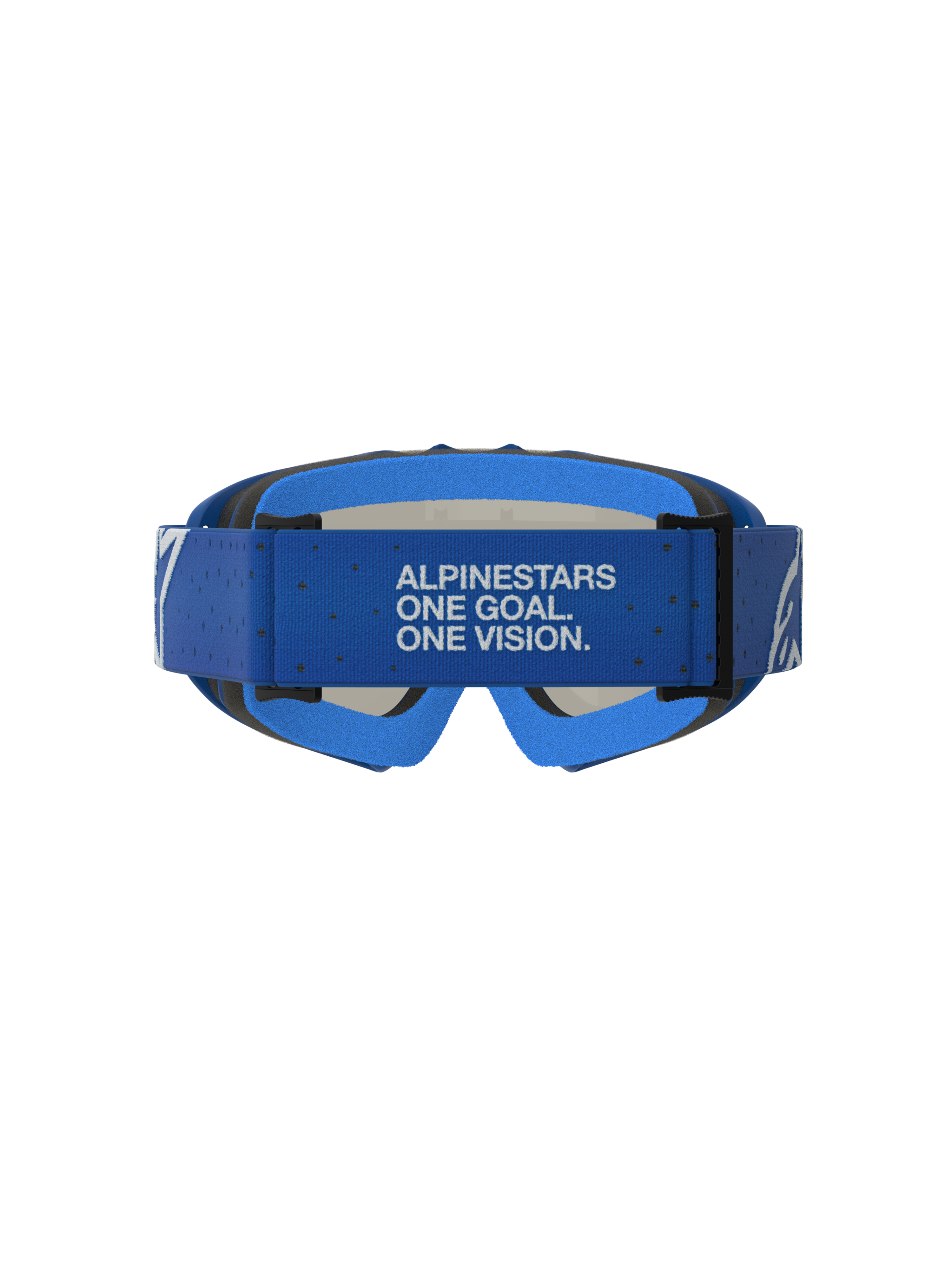 Alpinestars Vision Vesta junior, masque de motocross bleu et blanc, vue arrière avec sangle logotypée ajustable