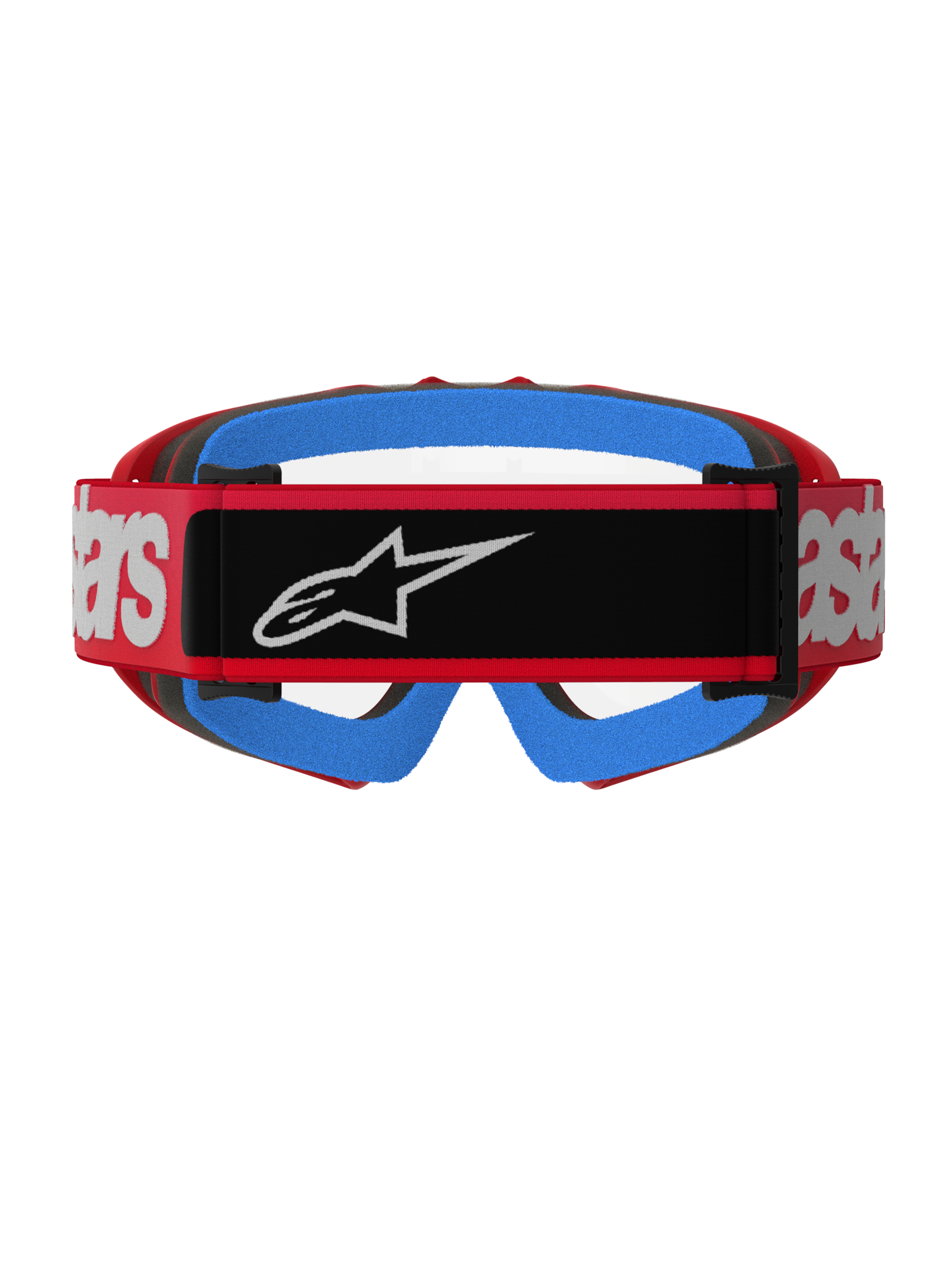 Alpinestars Vision Youth Blaze Goggles, rouge et transparent, vue arrière montrant une sangle tissée rouge avec un empiècement logo noir et un marquage blanc, mousse faciale bleu vif et écran anti-buée transparent, conçues pour le motocross junior.