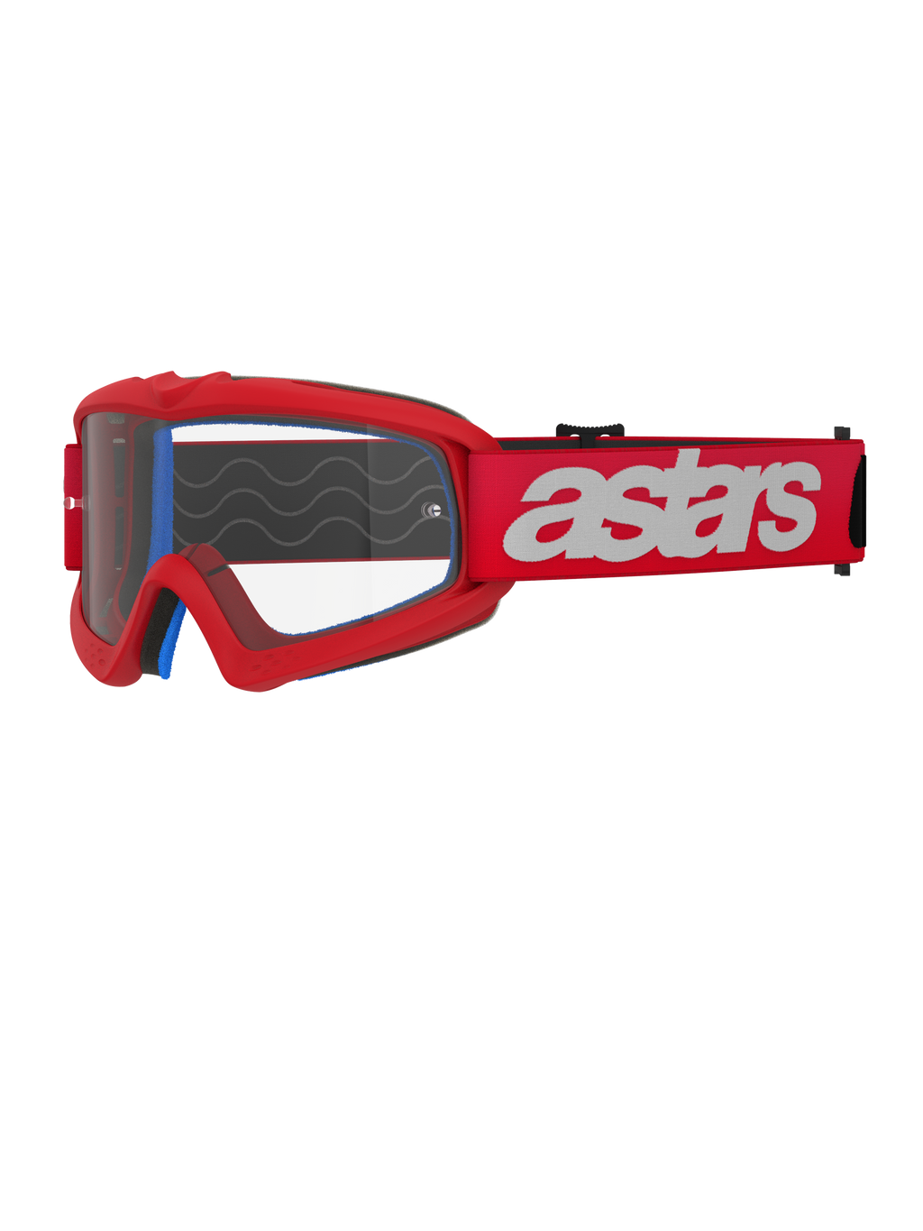 Alpinestars Vision Youth Blaze, lunettes de motocross pour enfant, rouges et blanches, écran transparent avec supports pour tear-off, mousse intérieure bleue, sangle rouge avec logo blanc et motifs de vagues en silicone pour l'adhérence, protection oculaire haute performance pour le tout-terrain junior