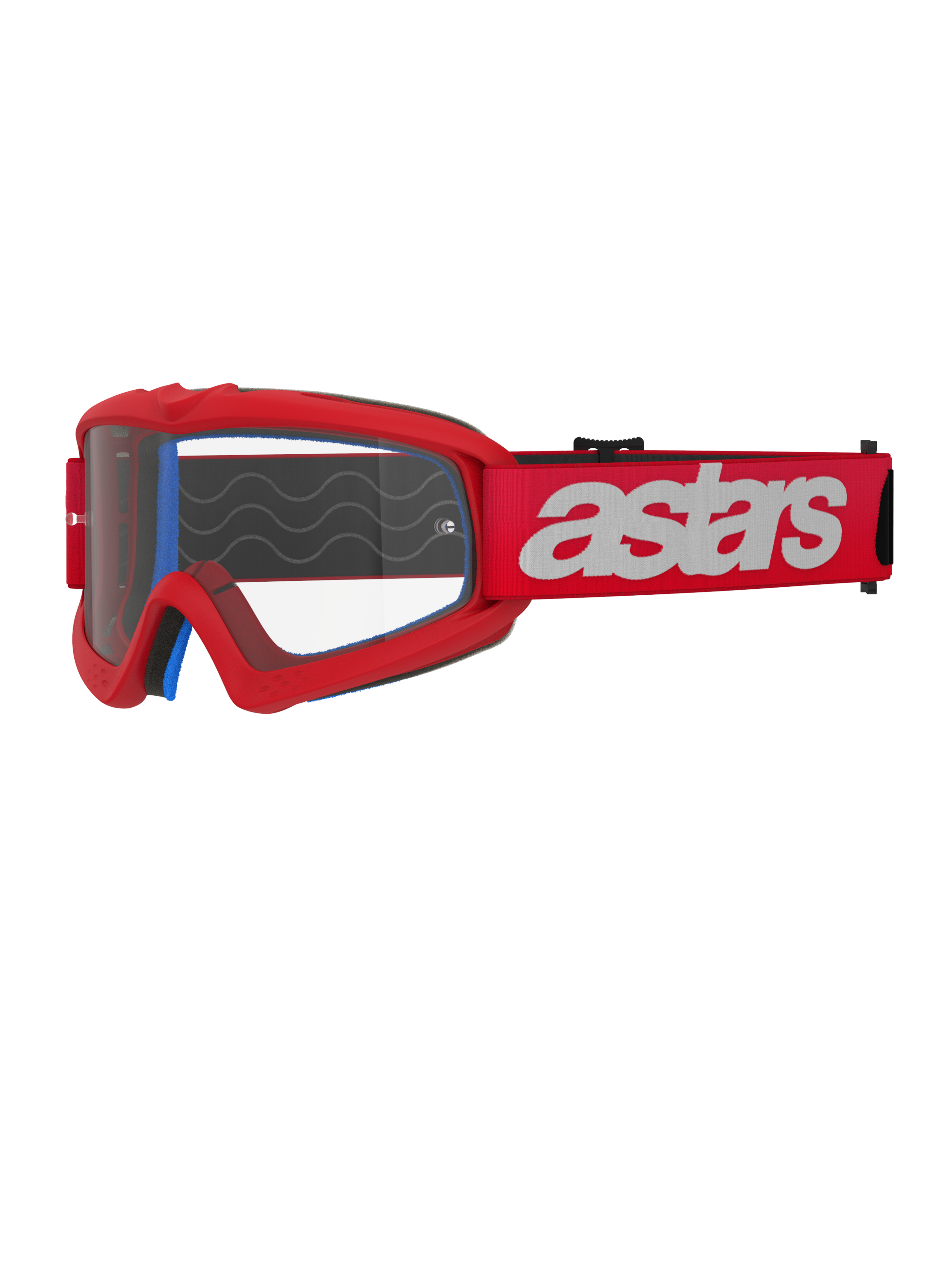 Alpinestars Vision Youth Blaze, lunettes de motocross pour enfant, rouges et blanches, écran transparent avec supports pour tear-off, mousse intérieure bleue, sangle rouge avec logo blanc et motifs de vagues en silicone pour l'adhérence, protection oculaire haute performance pour le tout-terrain junior