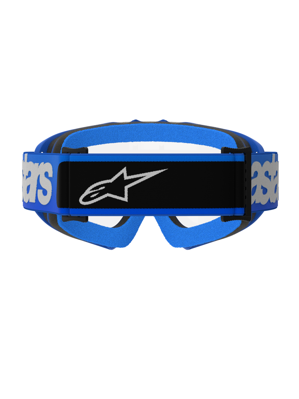 Masque Alpinestars Vision Junior Blaze, masque de motocross, bleu et transparent, vue arrière présentant un large bandeau bleu avec un empiècement central noir et le logo Alpinestars blanc, rembourrage en mousse bleu et noir, visibilité à travers l'écran transparent