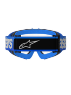 Masque Alpinestars Vision Junior Blaze, masque de motocross, bleu et transparent, vue arrière présentant un large bandeau bleu avec un empiècement central noir et le logo Alpinestars blanc, rembourrage en mousse bleu et noir, visibilité à travers l'écran transparent