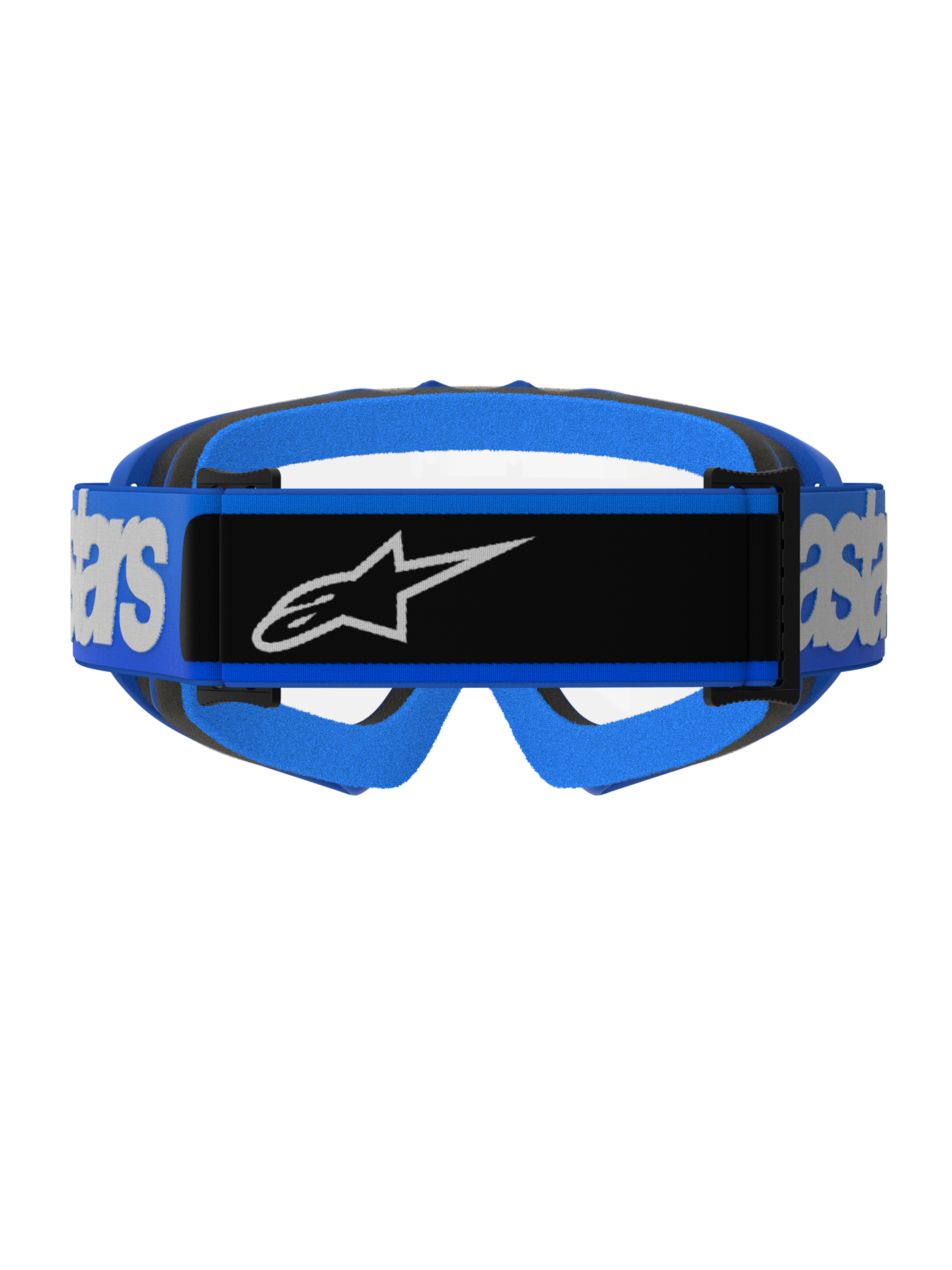 Masque Alpinestars Vision Junior Blaze, masque de motocross, bleu et transparent, vue arrière présentant un large bandeau bleu avec un empiècement central noir et le logo Alpinestars blanc, rembourrage en mousse bleu et noir, visibilité à travers l'écran transparent