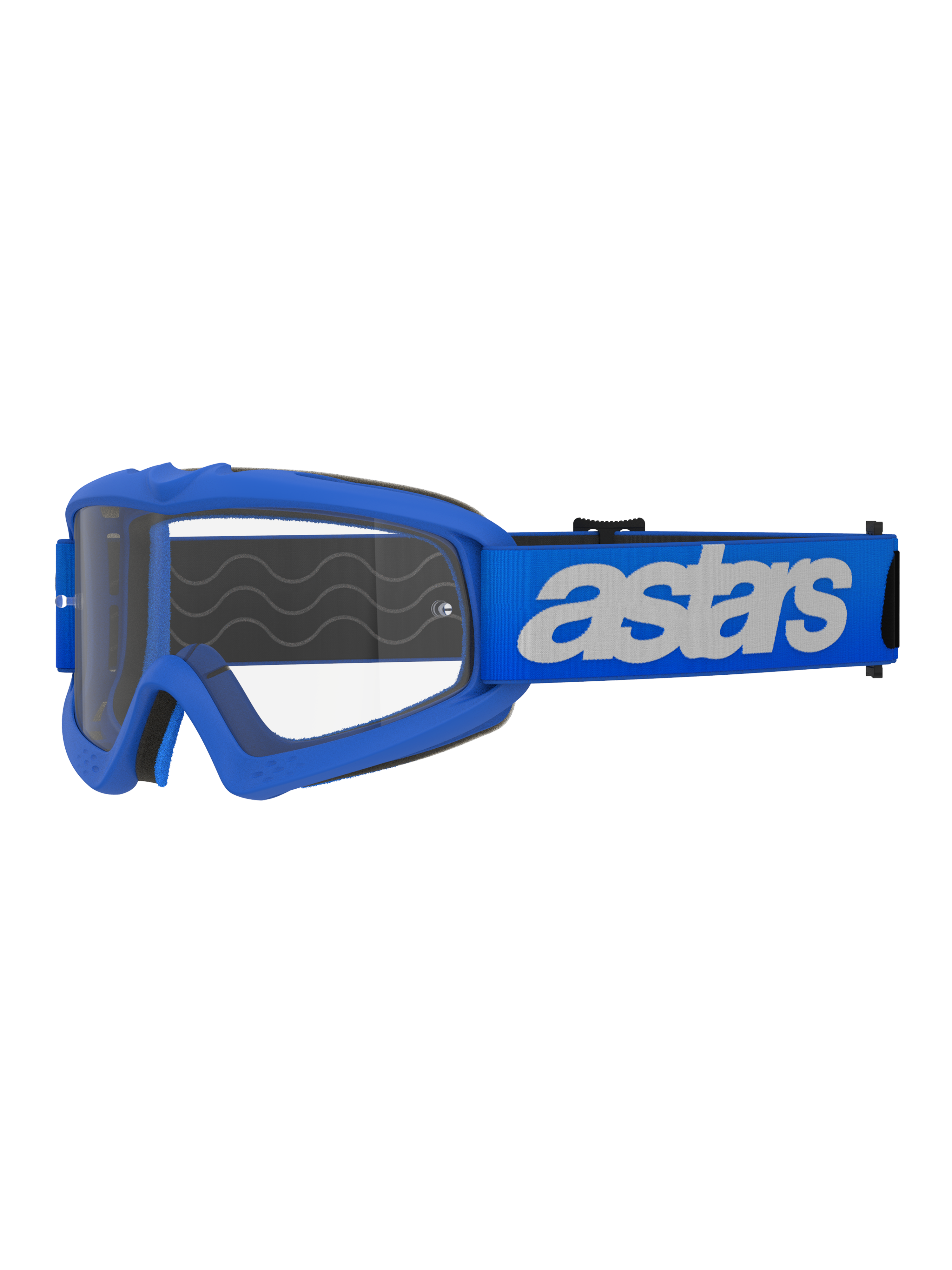 Masque Vision Junior Blaze Alpinestars, masque de motocross et tout-terrain, monture et bandeau bleus avec logo astars blanc, écran en polycarbonate clair, coupe spécifique pour enfant adaptée aux petits casques, équipement de protection oculaire durable pour la course