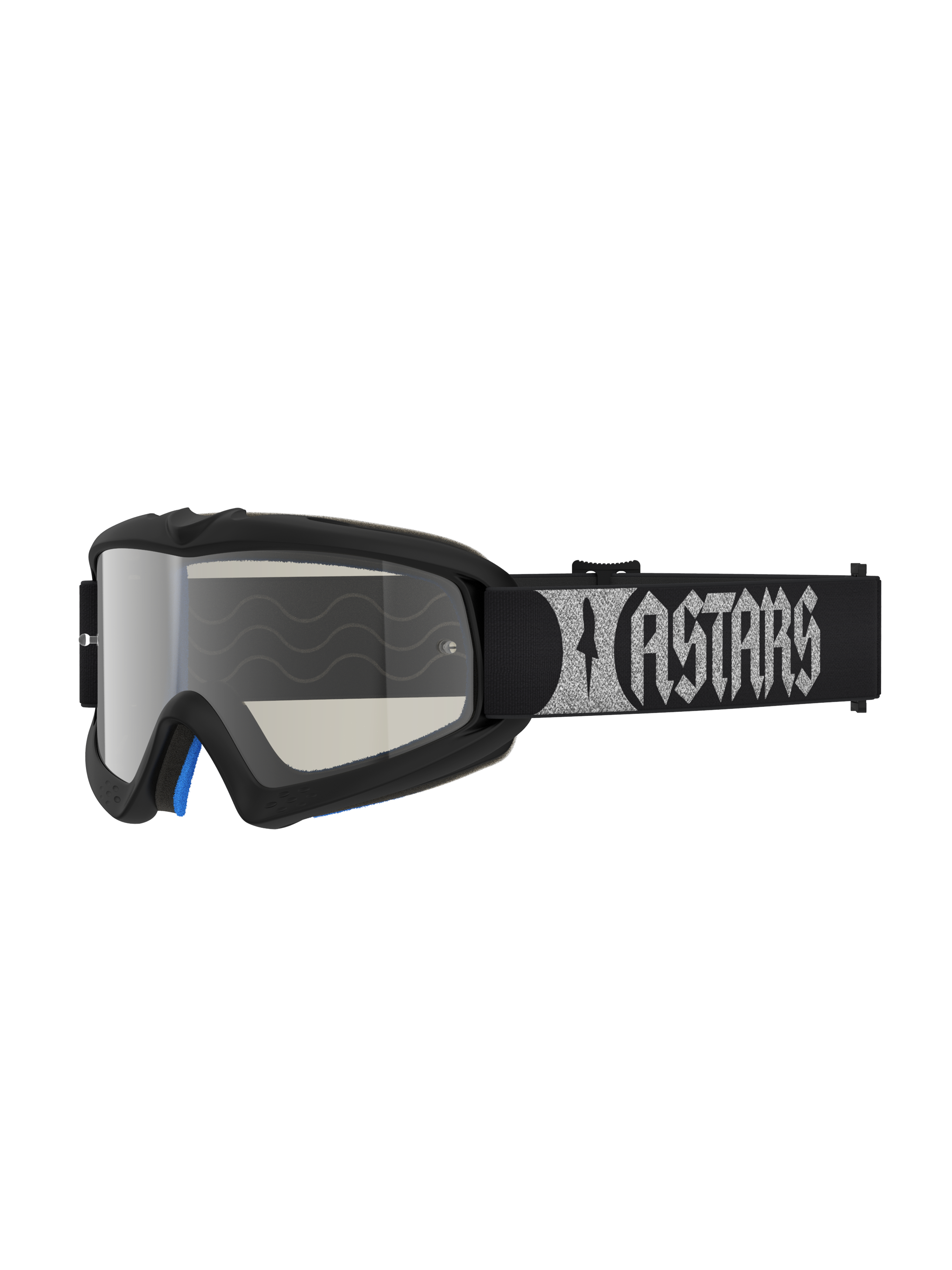 Masque Alpinestars Vision Atrox Junior pour motocross, monture noire, écran argenté miroir et sangle à logo Astars.
