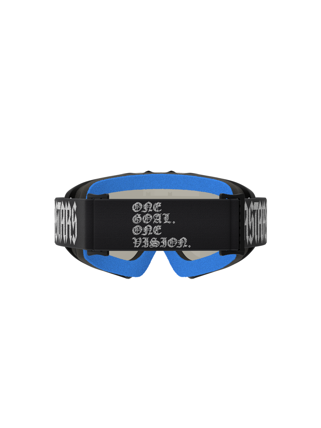 Alpinestars Vision Youth Atrox Motocross Goggles, Black and Blue with 'One Goal One Vision' branded strap.