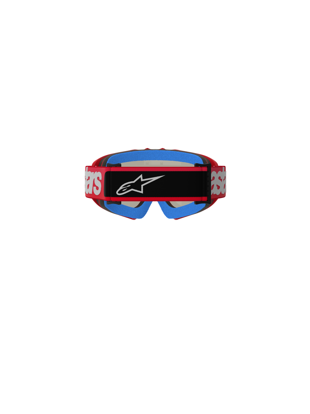 Masque Alpinestars Vision Junior Blaze, lunettes de motocross, rouge et argent, vue arrière montrant la sangle rouge avec marquage blanc et empiècement central noir avec logo Astars blanc, rembourrage interne en mousse bleue