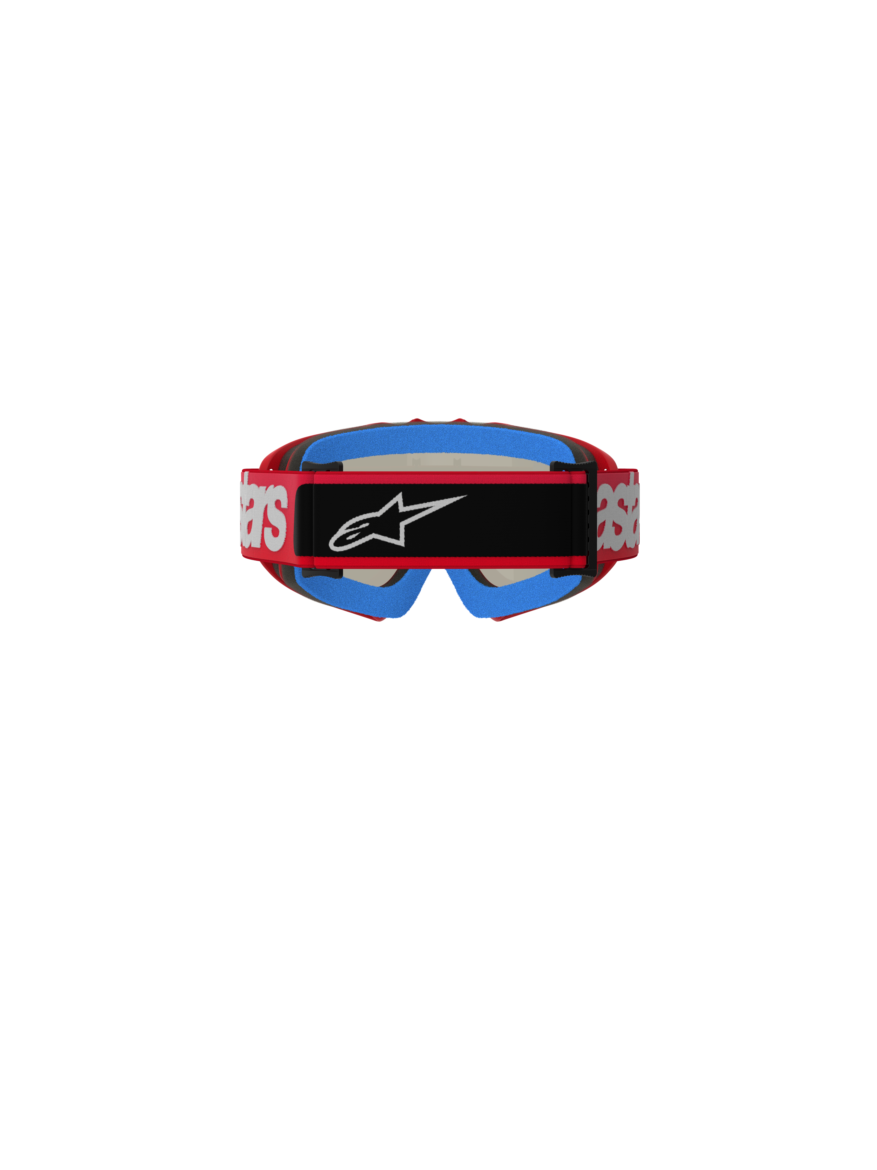 Masque Alpinestars Vision Junior Blaze, lunettes de motocross, rouge et argent, vue arrière montrant la sangle rouge avec marquage blanc et empiècement central noir avec logo Astars blanc, rembourrage interne en mousse bleue