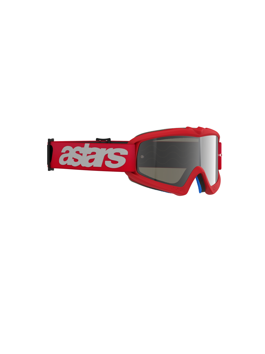 Masque Alpinestars Vision Junior Blaze, masque de motocross, rouge avec écran miroir argenté, bandeau tissé rouge avec marquage astars blanc, monture compacte en uréthane conçue pour les jeunes pilotes, protection oculaire pour la course tout-terrain