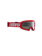 Masque Alpinestars Vision Junior Blaze, masque de motocross, rouge avec écran miroir argenté, bandeau tissé rouge avec marquage astars blanc, monture compacte en uréthane conçue pour les jeunes pilotes, protection oculaire pour la course tout-terrain
