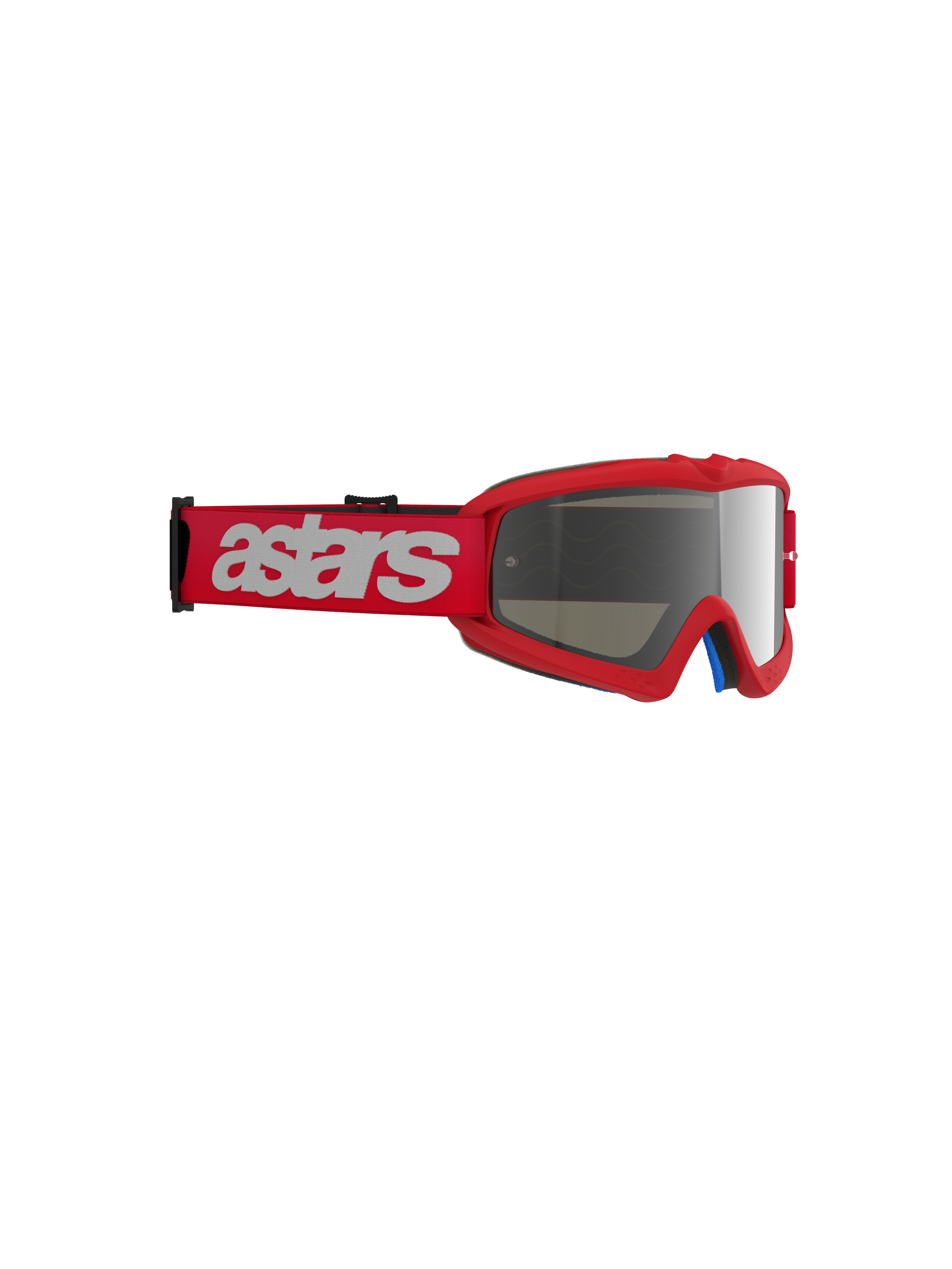 Masque Alpinestars Vision Junior Blaze, masque de motocross, rouge avec écran miroir argenté, bandeau tissé rouge avec marquage astars blanc, monture compacte en uréthane conçue pour les jeunes pilotes, protection oculaire pour la course tout-terrain