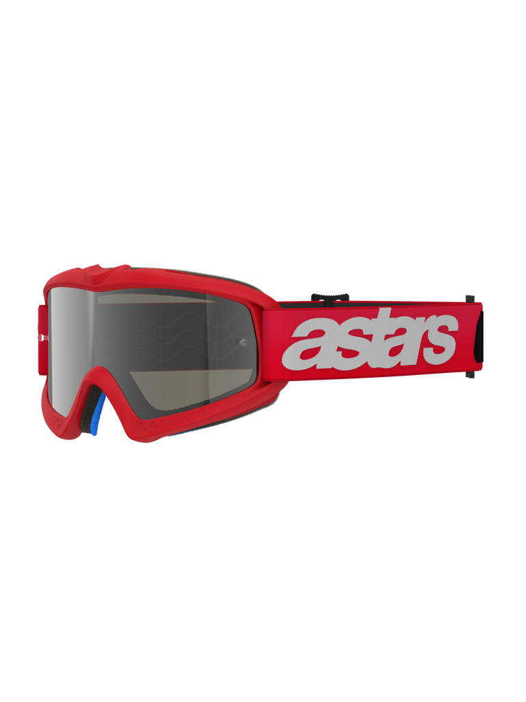 Alpinestars Vision Youth Blaze Goggles, Motocross Goggles, Red Mirror Silver, red frame with silver mirrored lens, wide red strap with white astars logo, professional off-road eye protection for youth riders