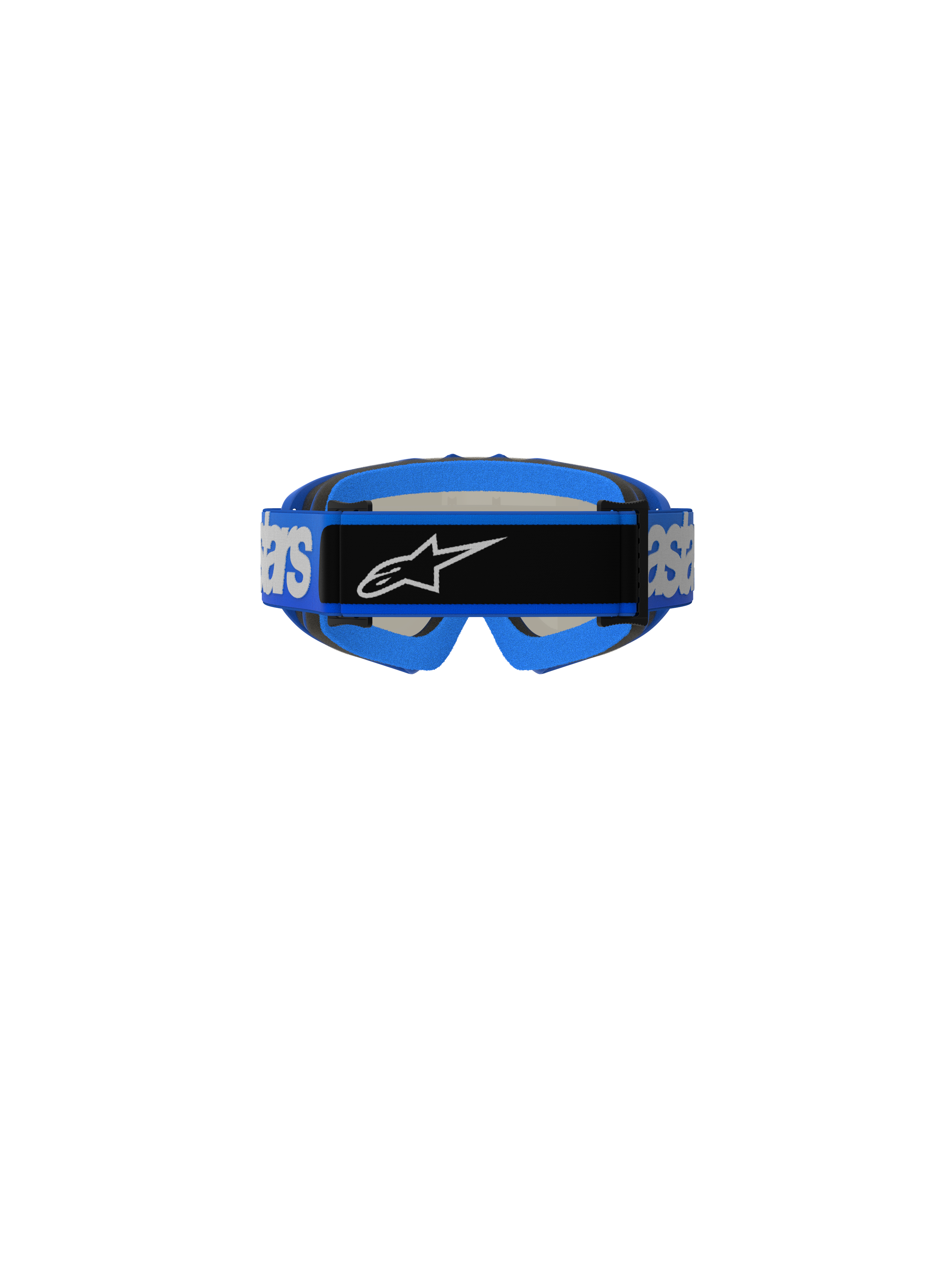 Masque Alpinestars Vision Junior Blaze, masque de motocross, bleu, vue arrière montrant la sangle tissée bleue avec marquage Alpinestars blanc et plaque centrale noire avec logo, rembourrage en mousse bleue, conçu pour le tout-terrain junior