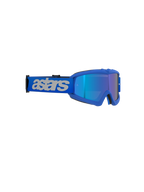 Masque Alpinestars Vision Youth Blaze, masque de motocross, Bleu Miroir Bleu, monture bleu vif avec écran miroir, large sangle bleue avec logo 'astars' gris clair, protection oculaire haute performance pour jeunes pilotes tout-terrain