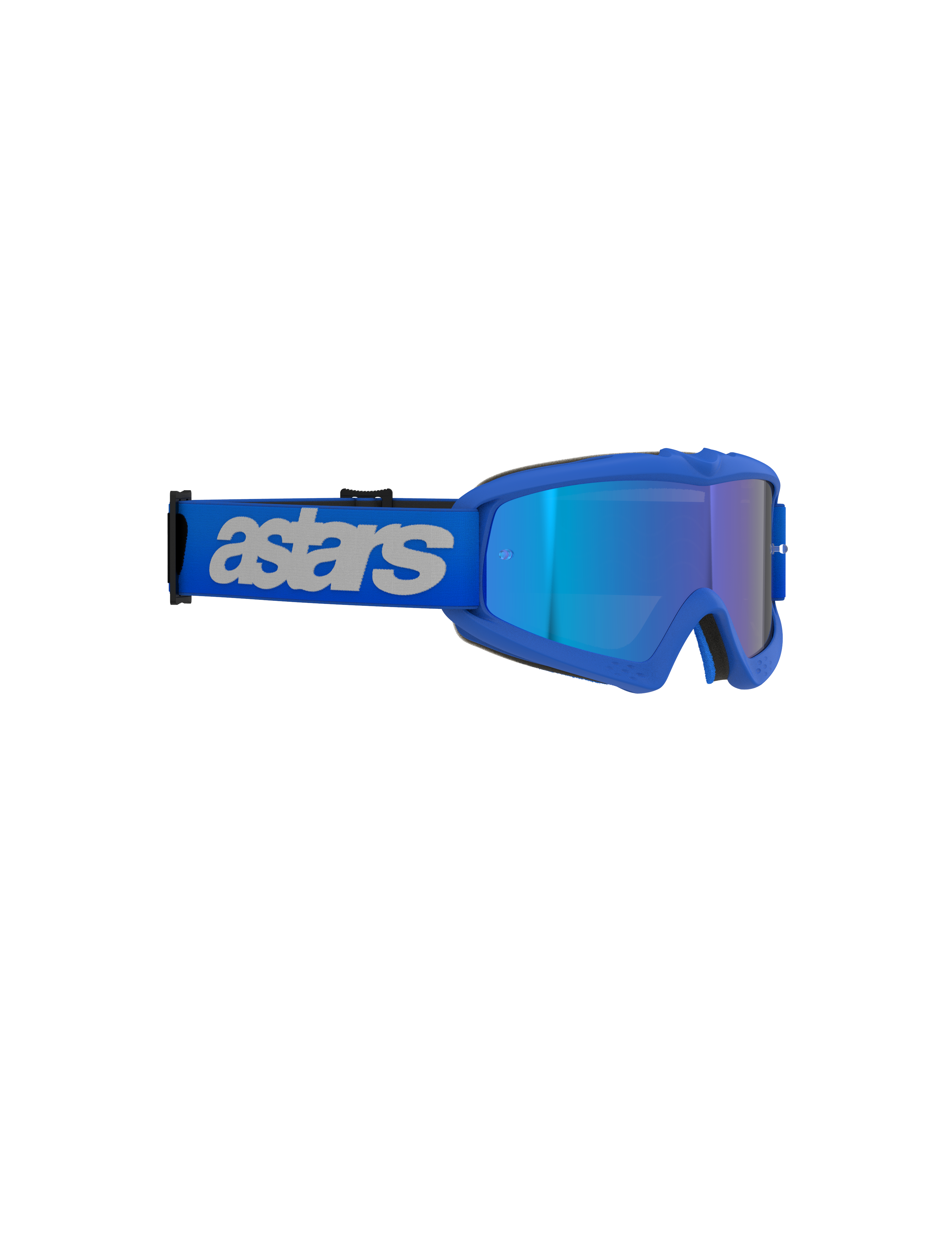 Masque Alpinestars Vision Youth Blaze, masque de motocross, Bleu Miroir Bleu, monture bleu vif avec écran miroir, large sangle bleue avec logo 'astars' gris clair, protection oculaire haute performance pour jeunes pilotes tout-terrain
