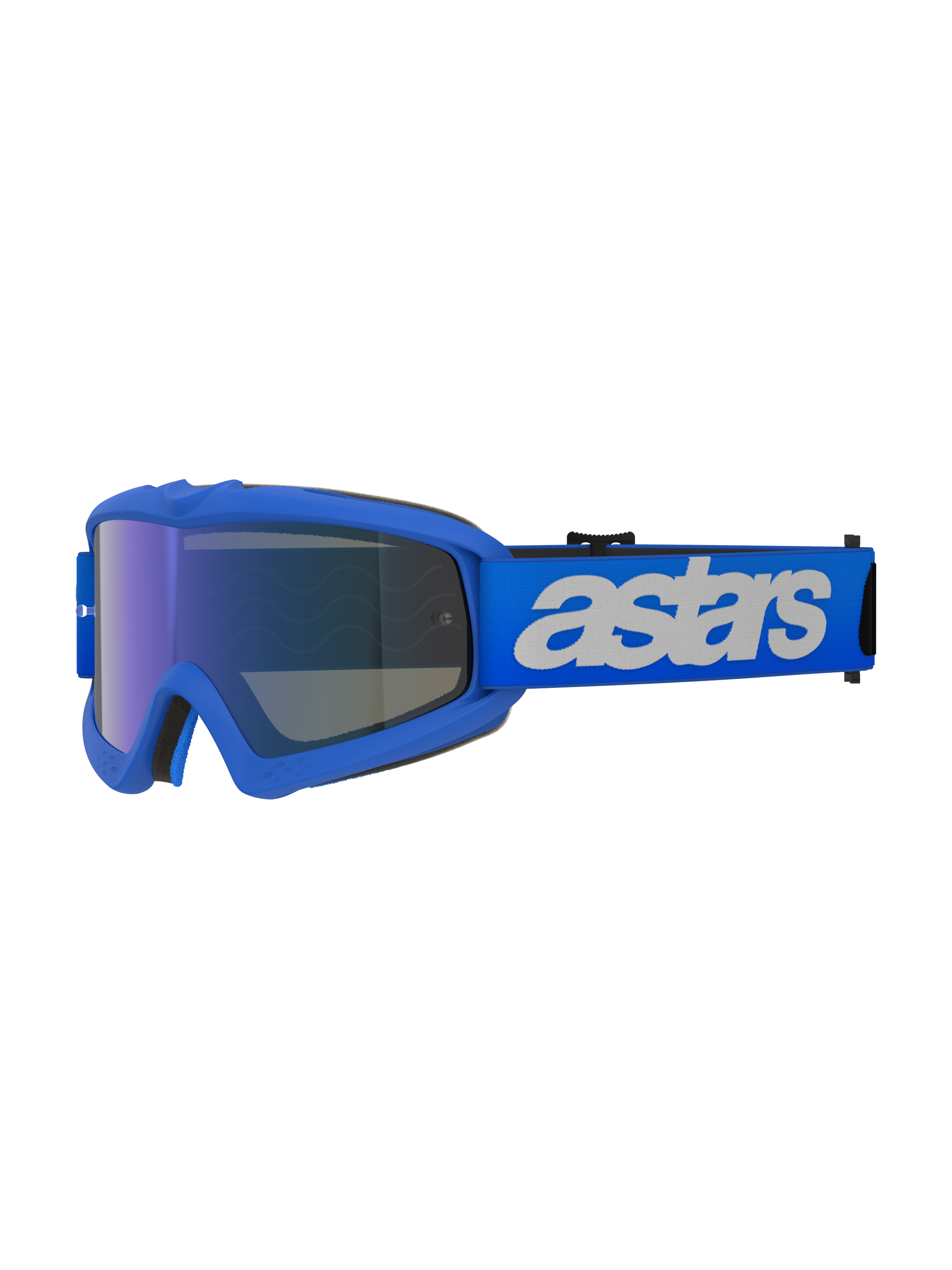Masque Alpinestars Vision Junior Blaze, masque de motocross, Bleu Miroir Bleu, monture bleue avec écran miroir bleu anti-buée, bandeau bleu réglable avec logo « astars » blanc, protection oculaire spécialisée pour les jeunes pilotes