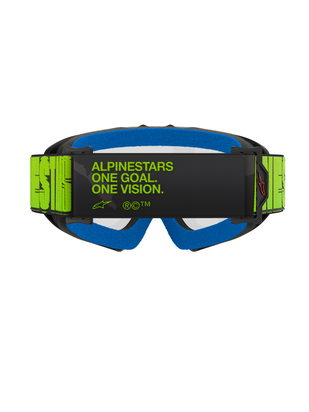 Masque Alpinestars Vision Youth Hollow, masque de motocross, gris anthracite et jaune fluo, vue arrière présentant le slogan « ALPINESTARS ONE GOAL. ONE VISION. » sur la sangle, mousse faciale bleu vif, lunettes de motocross pour enfant