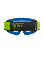 Masque Alpinestars Vision Youth Hollow, masque de motocross, gris anthracite et jaune fluo, vue arrière présentant le slogan « ALPINESTARS ONE GOAL. ONE VISION. » sur la sangle, mousse faciale bleu vif, lunettes de motocross pour enfant