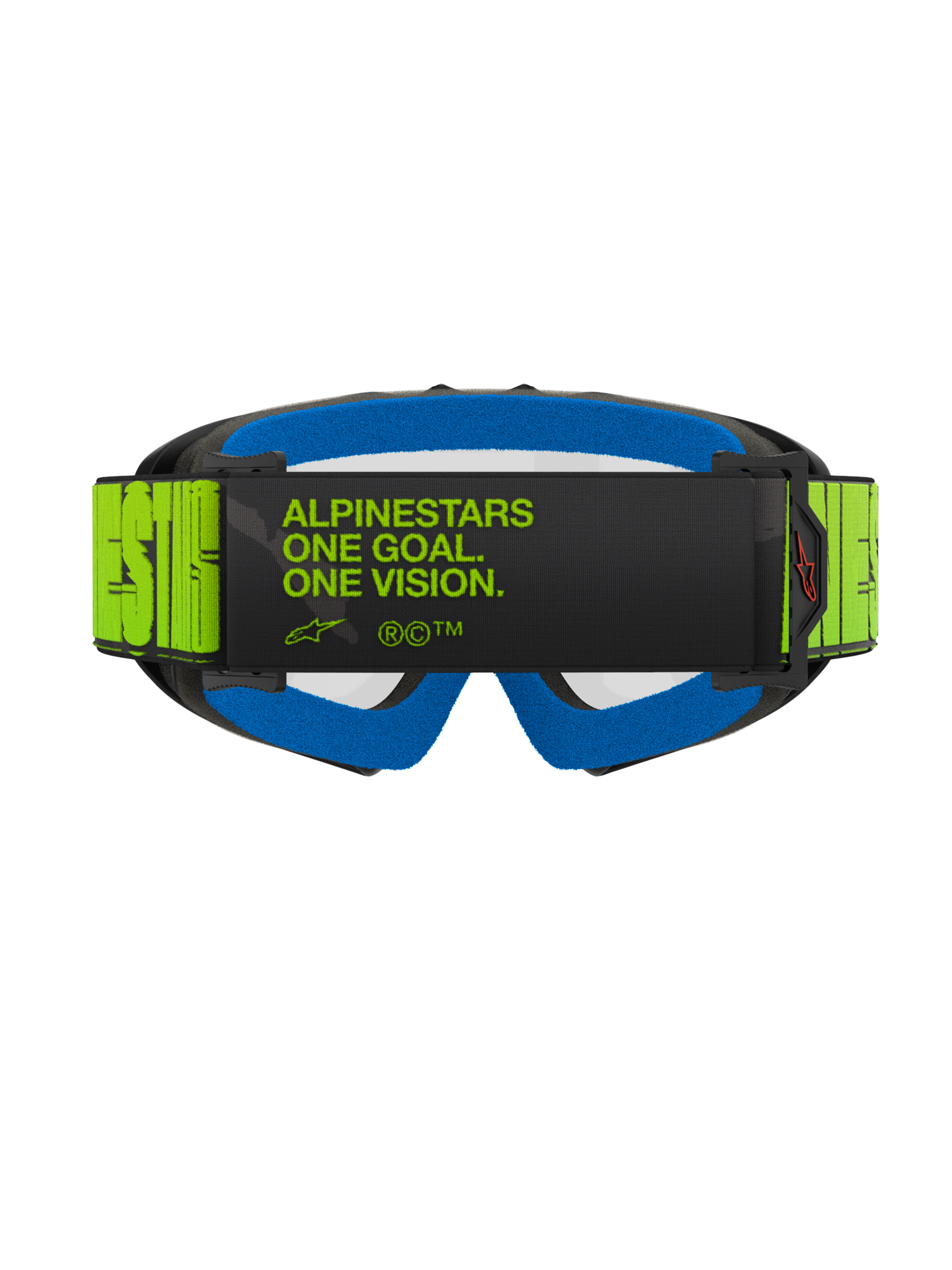 Masque Alpinestars Vision Youth Hollow, masque de motocross, gris anthracite et jaune fluo, vue arrière présentant le slogan « ALPINESTARS ONE GOAL. ONE VISION. » sur la sangle, mousse faciale bleu vif, lunettes de motocross pour enfant