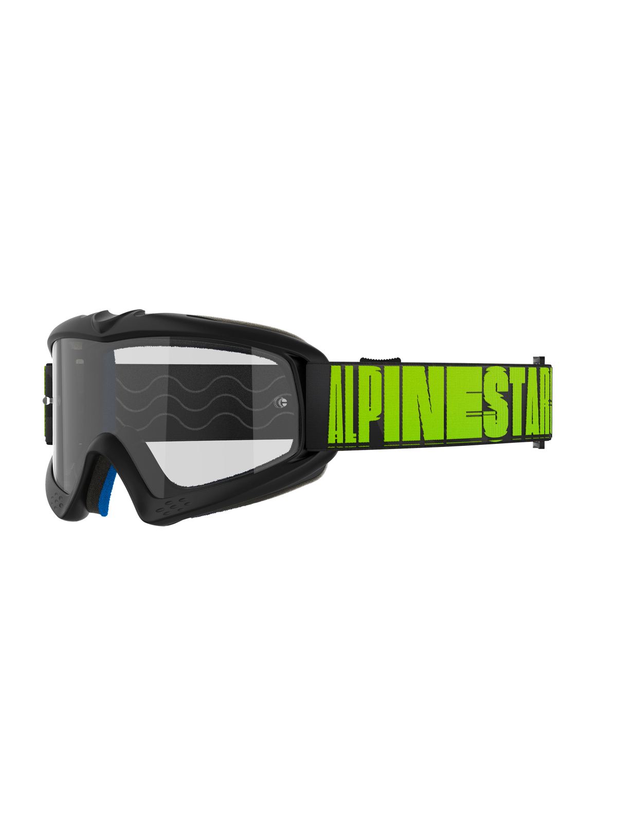 Alpinestars Vision Youth Hollow et Vision 5 Hollow, masques de motocross et tout-terrain, monture gris anthracite avec logo Alpinestars jaune fluo sur sangle noire, écran transparent, couche de mousse intérieure bleue, design moderne épuré pour pilotes jeunes et adultes
