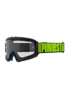 Alpinestars Vision Youth Hollow and Vision 5 Hollow Goggles, Motocross Off-road Goggles, Charcoal gray frame with fluo yellow Alpinestars branding on black strap, clear lens, blue interior foam layer, modern streamlined design for youth and adult riders