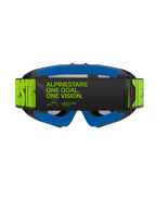 Masque Alpinestars Vision Youth Hollow, vue arrière présentant une sangle jaune fluo avec le texte noir 'One Goal. One Vision.', mousse faciale bleue et monture anthracite, masque de motocross professionnel pour enfant