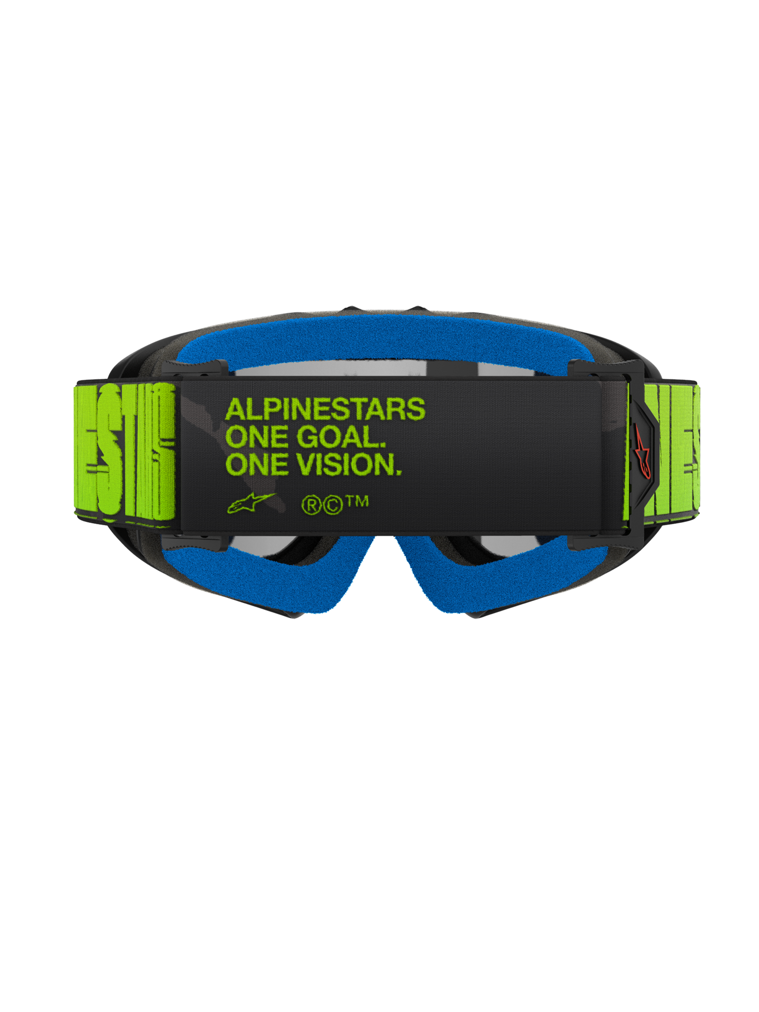 Masque Alpinestars Vision Youth Hollow, vue arrière présentant une sangle jaune fluo avec le texte noir 'One Goal. One Vision.', mousse faciale bleue et monture anthracite, masque de motocross professionnel pour enfant