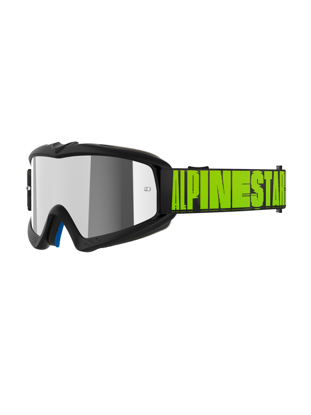 Masque Alpinestars Vision Youth Hollow, lunettes de motocross pour jeunes, anthracite et jaune fluo, écran réfléchissant argent miroir, sangle noire avec logo Alpinestars jaune fluo, rembourrage intérieur bleu, coupe adaptée aux jeunes pilotes