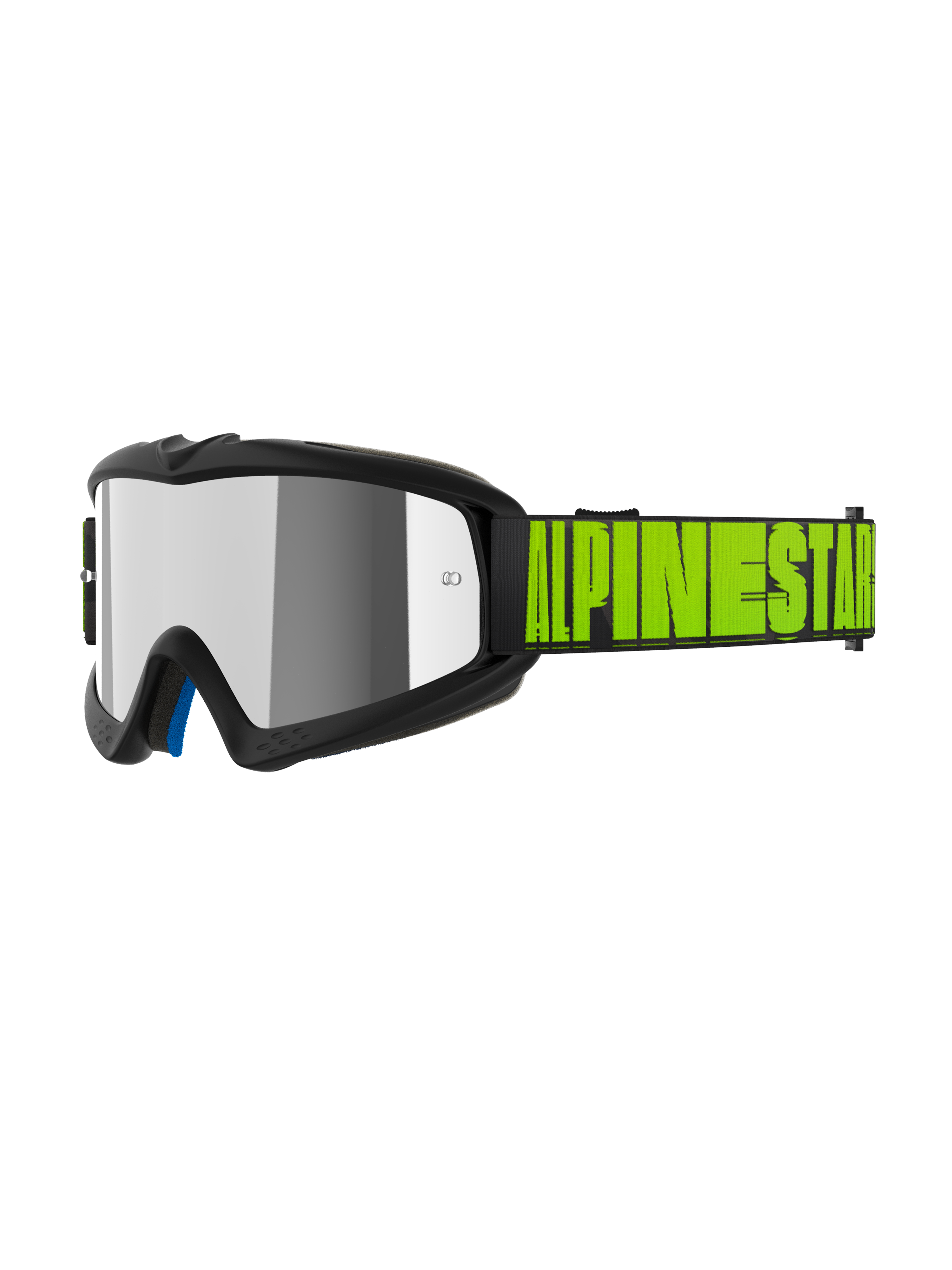Masque Alpinestars Vision Youth Hollow, lunettes de motocross pour jeunes, anthracite et jaune fluo, écran réfléchissant argent miroir, sangle noire avec logo Alpinestars jaune fluo, rembourrage intérieur bleu, coupe adaptée aux jeunes pilotes