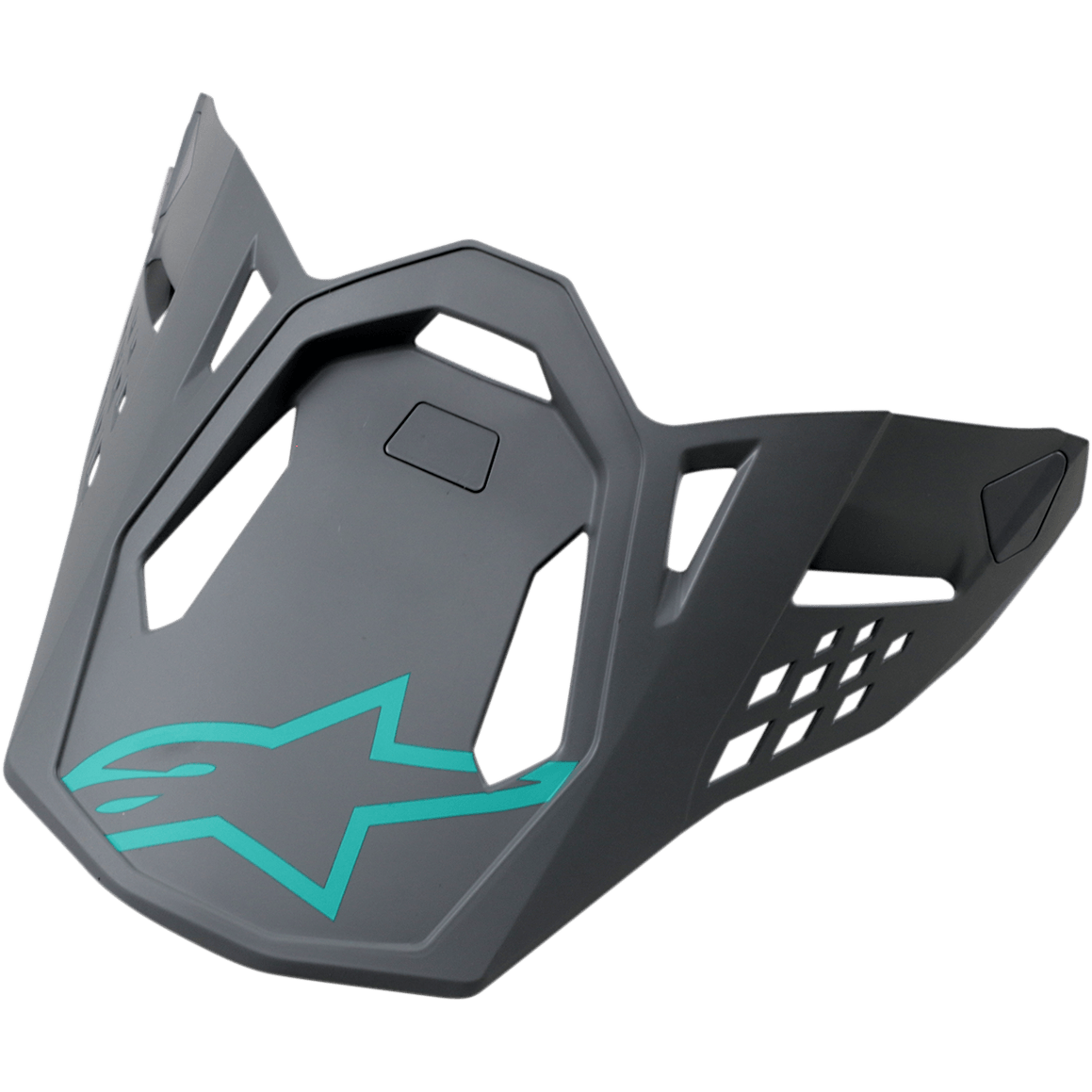 Alpinestars S-M8 Helmet Visor, Radium Bleu Gris Vert, visière de rechange gris foncé avec logo étoile Alpinestars turquoise, design mat angulaire et découpes géométriques pour casques de motocross