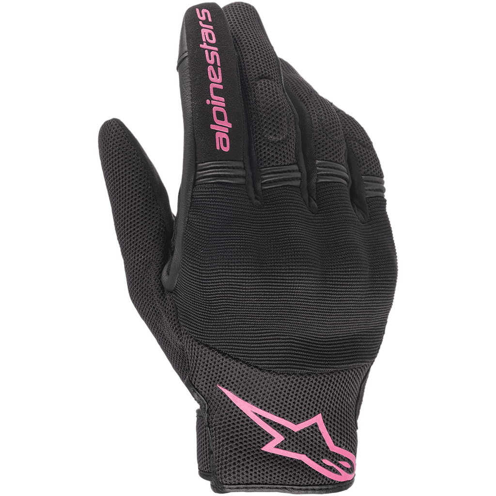 Gants Alpinestars Stella Copper pour femme, gants de moto urbains, noir et fuchsia, avec textile en maille respirante et protection rigide des articulations, logo Alpinestars rose sur l'index et la manchette