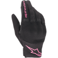 Gants Alpinestars Stella Copper pour femme, gants de moto urbains, noir et fuchsia, avec textile en maille respirante et protection rigide des articulations, logo Alpinestars rose sur l'index et la manchette