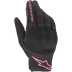 Gants Alpinestars Stella Copper pour femme, gants de moto urbains, noir et fuchsia, avec textile en maille respirante et protection rigide des articulations, logo Alpinestars rose sur l'index et la manchette