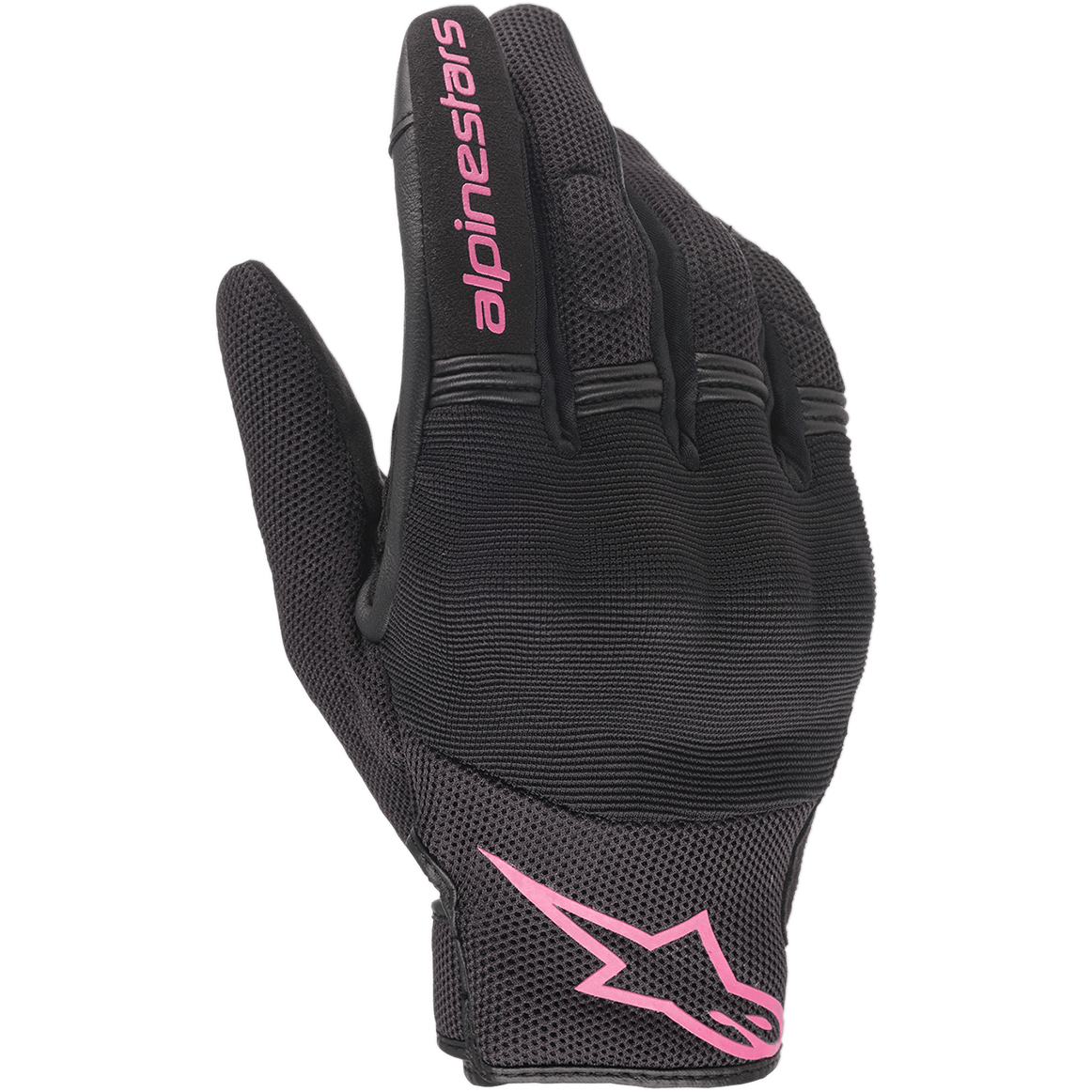 Gants Alpinestars Stella Copper pour femme, gants de moto urbains, noir et fuchsia, avec textile en maille respirante et protection rigide des articulations, logo Alpinestars rose sur l'index et la manchette