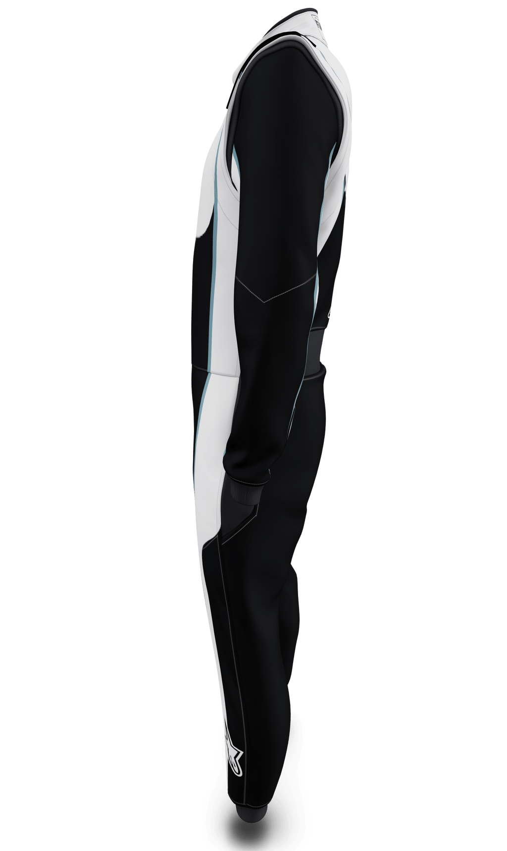 Alpinestars Tech Vision V3, combinaison sur mesure à longueur ajustée, noire et blanche avec accents bleus, FIA, vue de profil