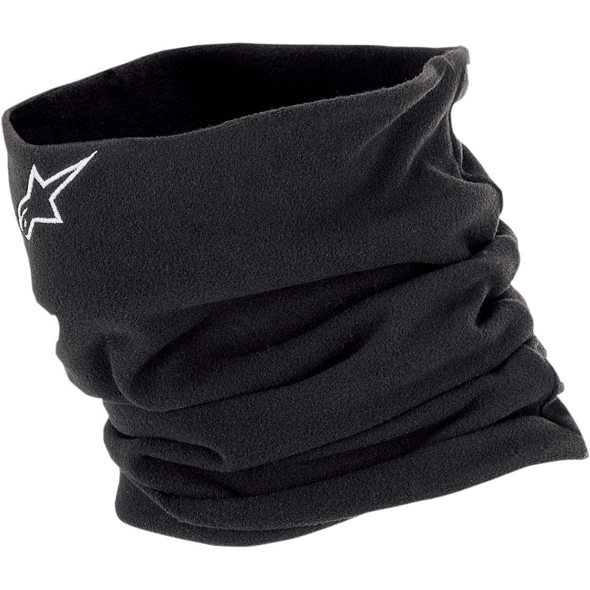 Alpinestars Neck Warmer, cache-cou tubulaire en polaire noire, logo étoile blanc brodé, construction isolante à double couche pour la protection contre le vent, sous-couche moto pour temps froid